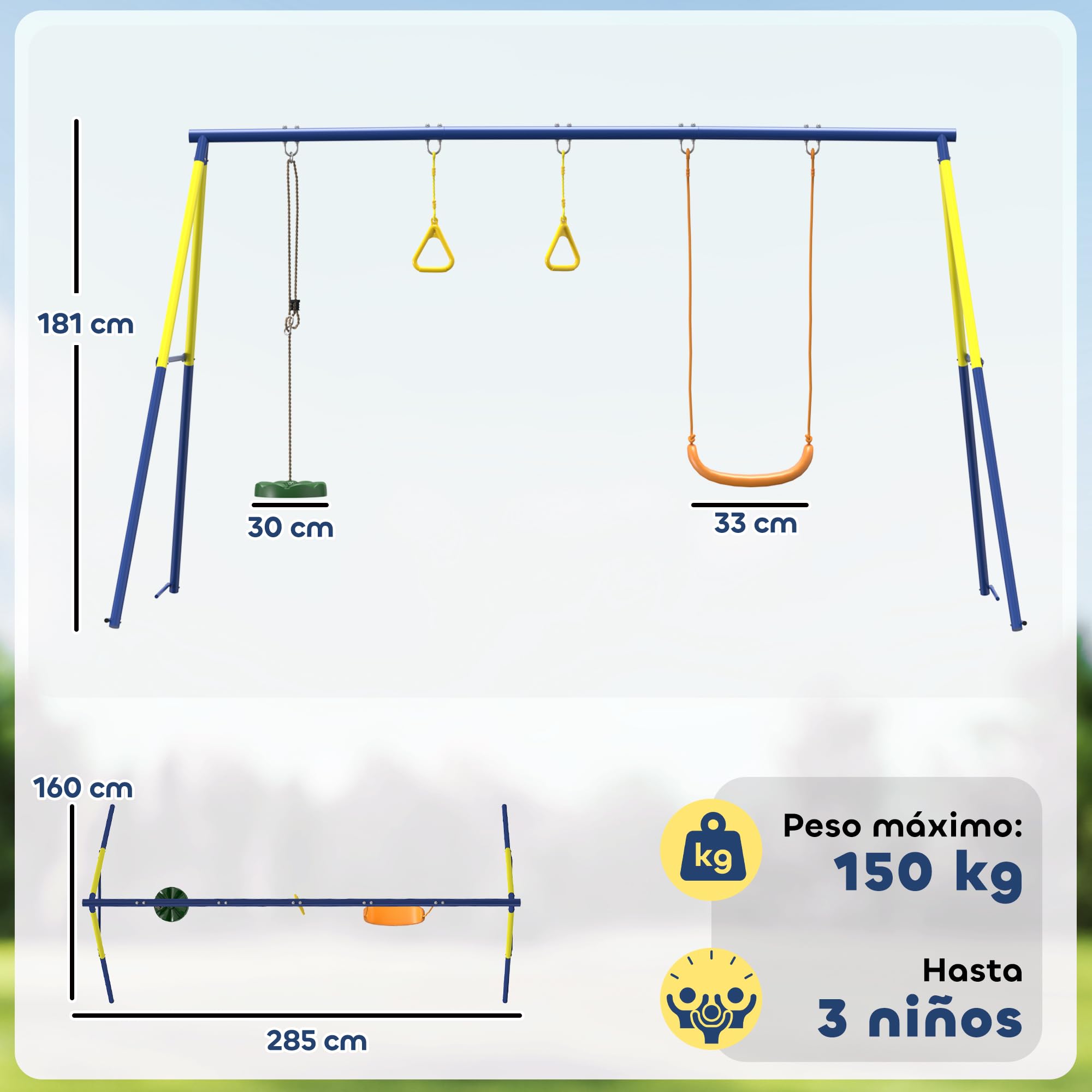 AIYAPLAY Columpio Infantil 3 en 1 de Pie para Niños 3-8 Años Multicolor | Columpio para Niños Clásico, Aros de Gimnasia, Carga 150 kg, Interior, Exterior, Jardín