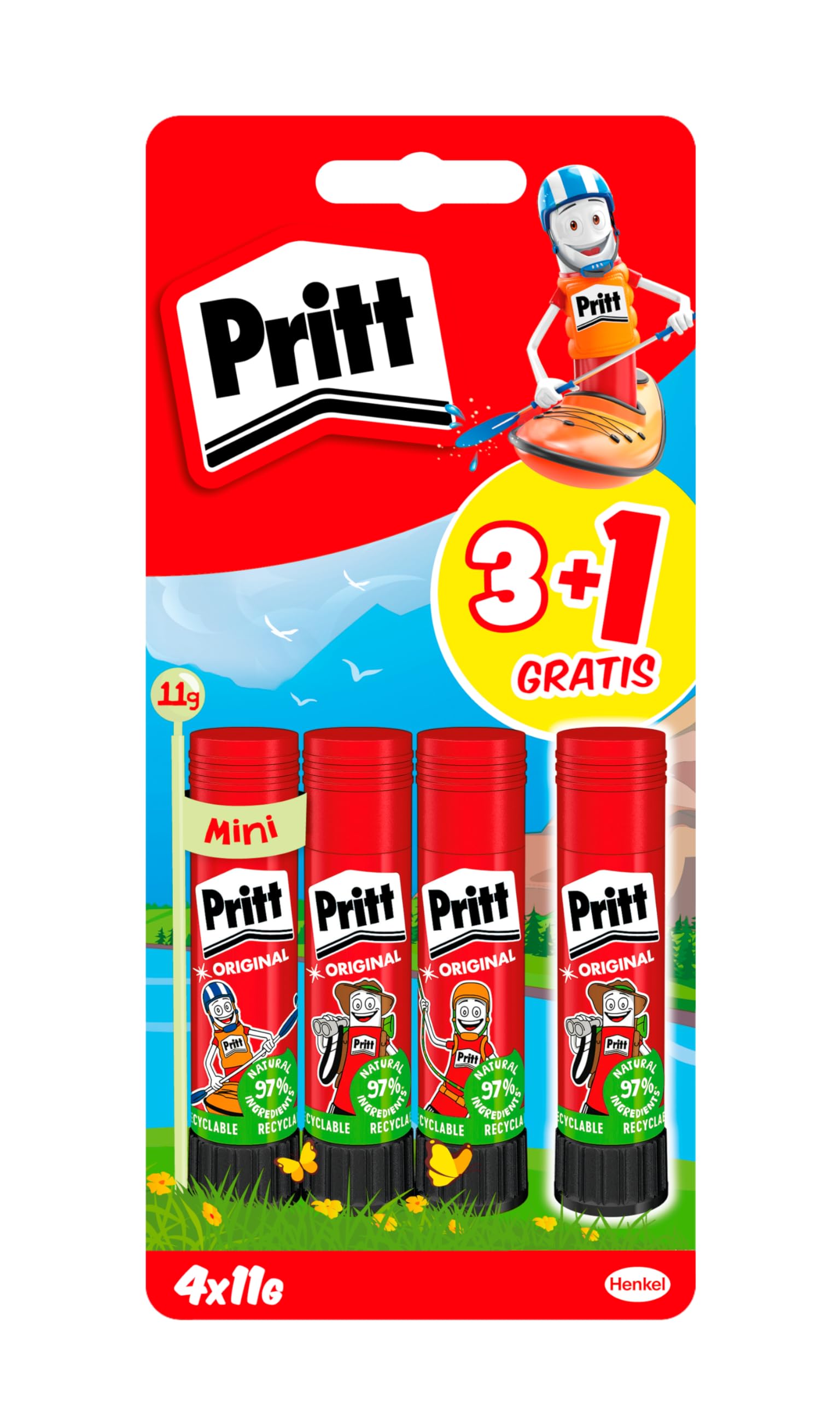 Pritt Barra Adhesiva, pegamento infantil seguro para niños para manualidades, cola universal de adhesión fuerte para estuche escolar y oficina, 3+1 x 11 g Pritt Stick
