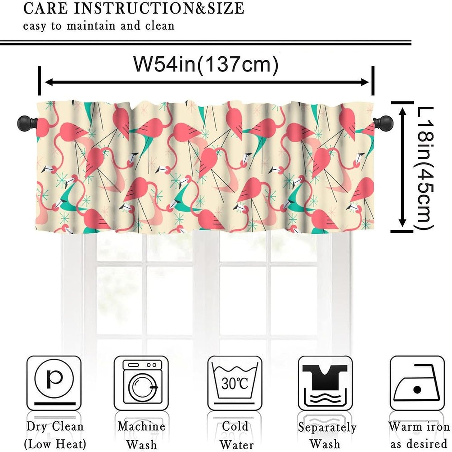 Mid Century Flamingos Curtains Valance 1950s Retro Modern Atomic Era Flamingos Cosmic Starbursts Window Valance for Bedroom Kitchen Living Room Cafe 54x18inch image 2