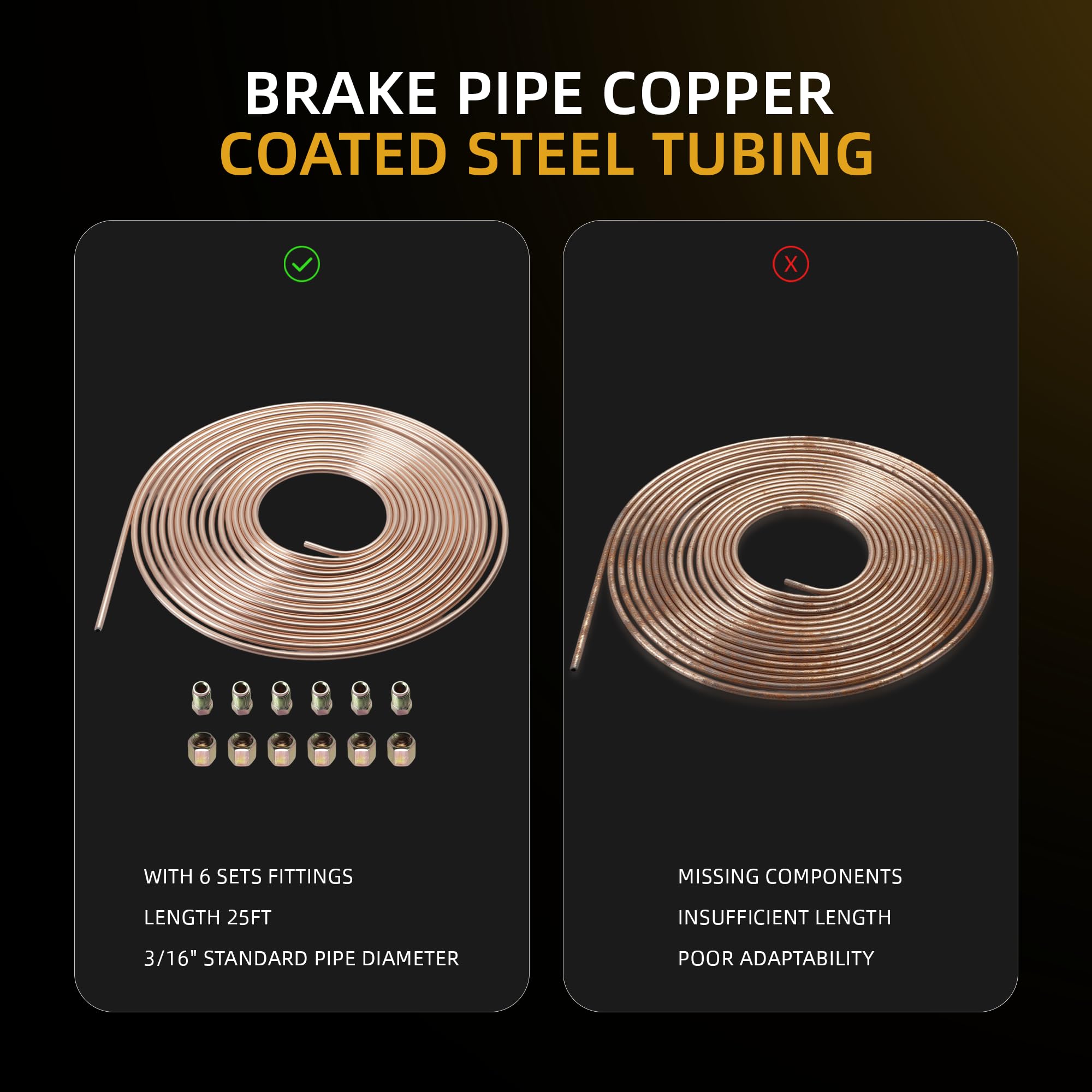 Brake Pipe copper coated steel Tubing 25Ft. of 3/16" Automotive Replacement Brake Lines Kit with 6 Nuts Fittings