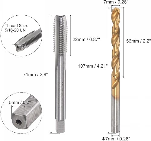 Miniatura 2 de uxcell 516-20 UN Straight Flute Thread Tap y 0.276 in Twist Drill Bit Set, Titanium Plated 6542 Acero de alta velocidad Broca de perforación Máquina