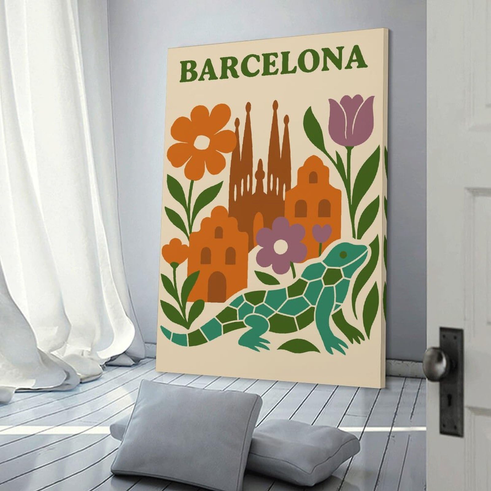 Junmoney Barcelona Cityscape with Lizard And Flowers Home Decor Wall Art, 24x36inch(60x90cm), for Wall Displays, Bedrooms Or Room Updates, Ideal for Building A Coordinated Art Wall