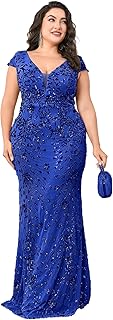 Plus Size Womens Sequined Long Evening Gown Glamous Sleeveless V-Neck Mermaid Prom Dress for Wedding Party