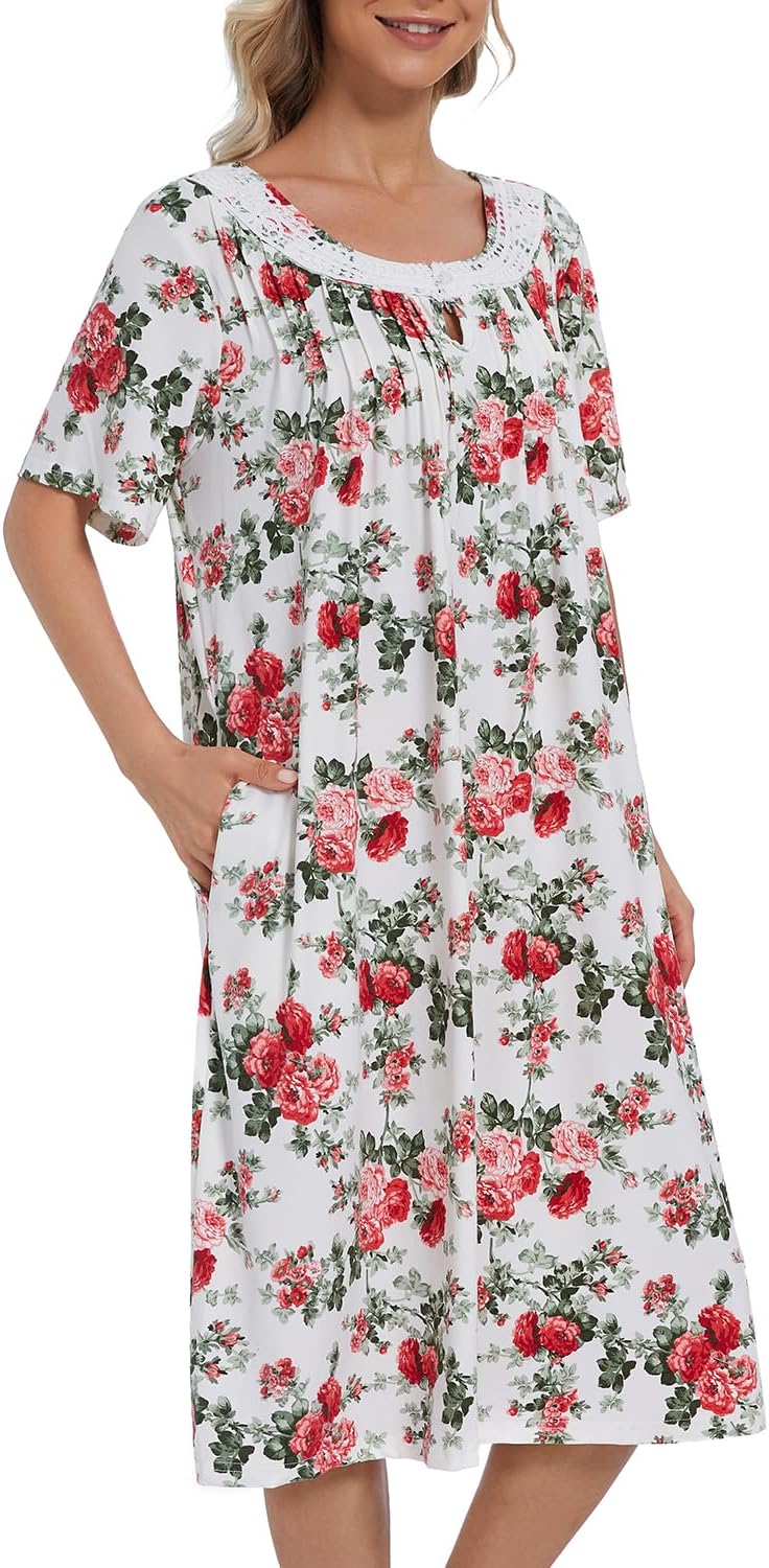 COSUNIONY Cotton Nightgowns for Women Soft Sleep Dress Ladies Short Sleeve Sleepwear with Pockets - Image 4