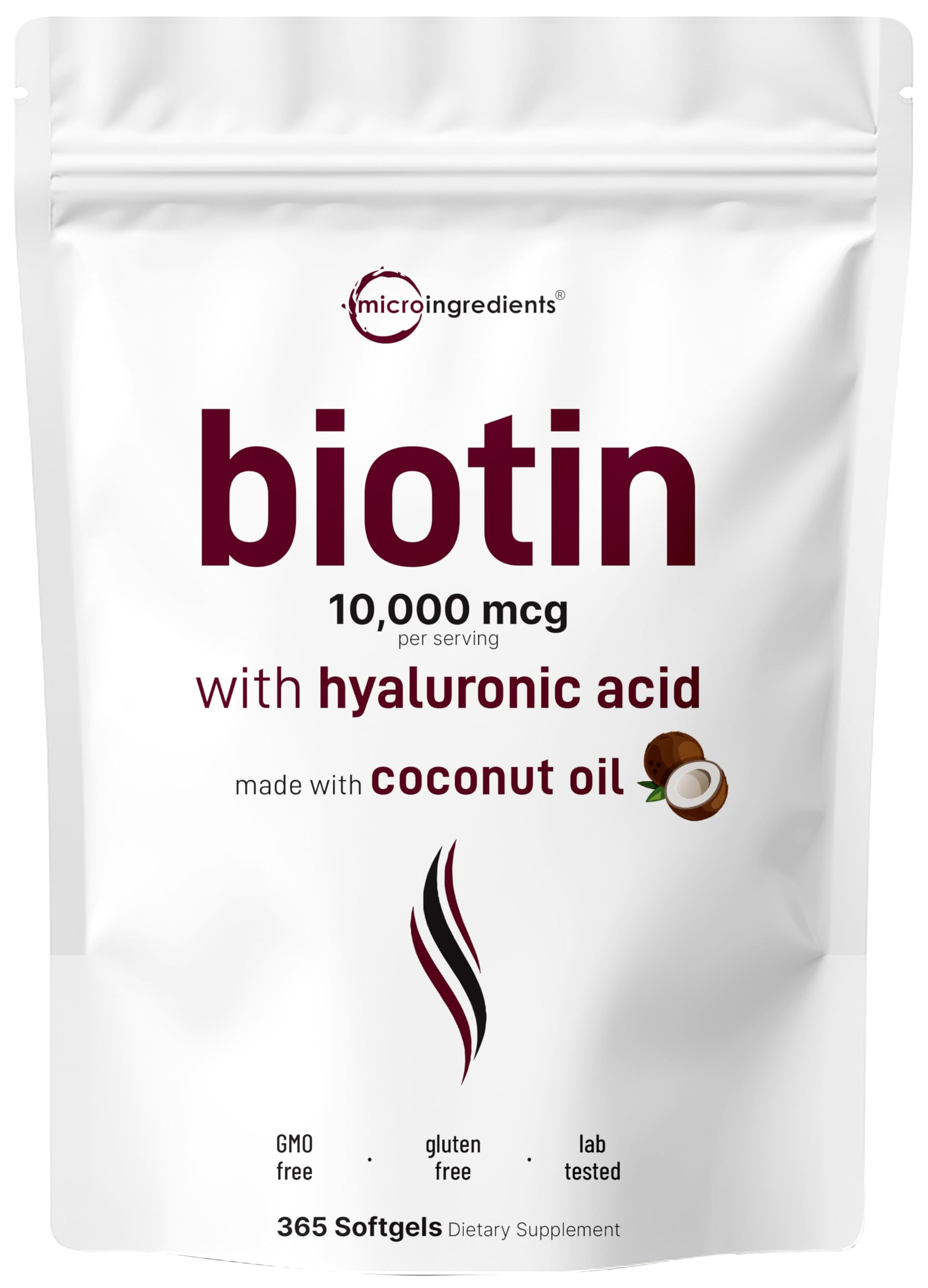 Micro Ingredients Biotin 10,000mcg w/Hyaluronic Acid 25mg | 365 Virgin Coconut Oil Softgels, Fast Release, One Year Supply, Non-GMO & No Gluten