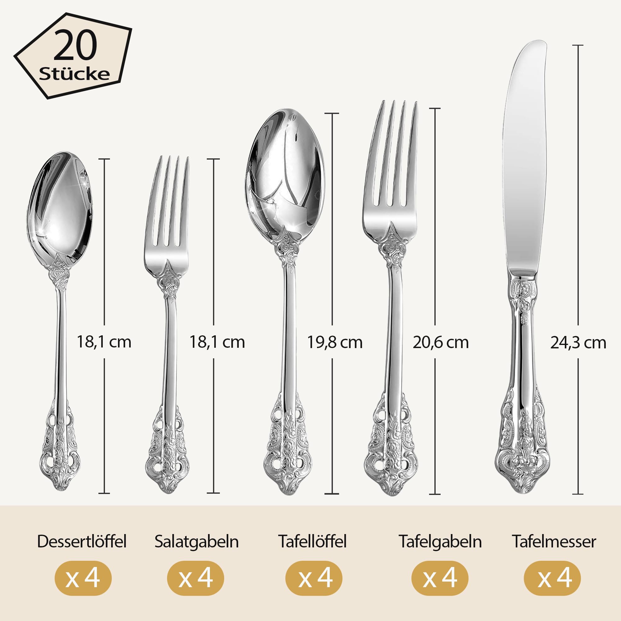 Prächtiges Barock Silber 18/10 Edelstahl Besteck-Set mit 20 Teilen, rostfreies Edelstahl Besteck inklusive Gabel, Löffel und Messer mit Geschenkbox