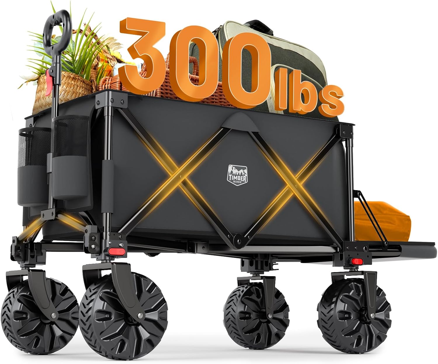 TIMBER RIDGE 47 L Collapsible Folding Wagon with Tailgate, 300lbs Heavy Duty Beach Wagon with All-Terrain Big Wheels, 250L Foldable Utility Cart for Sand Camping Sports Shopping, Grey