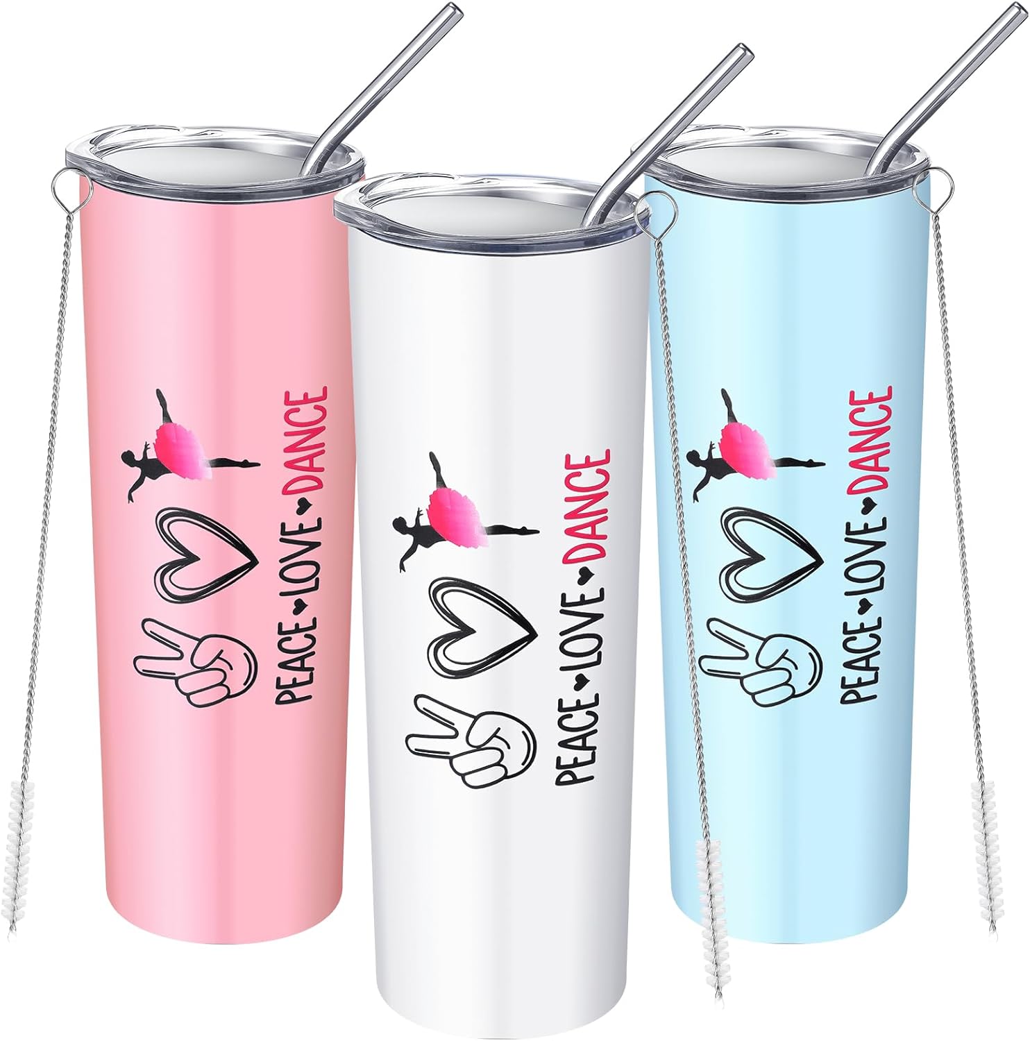 FillTouch 3 Pcs Dance Cup Tumblers Gifts 20 oz Graduation Dance Stainless Steel Insulated Tumbler with Straw Lid Coffee Cup Water Bottle Peace Love for Women Dancer Ballet Teacher Team