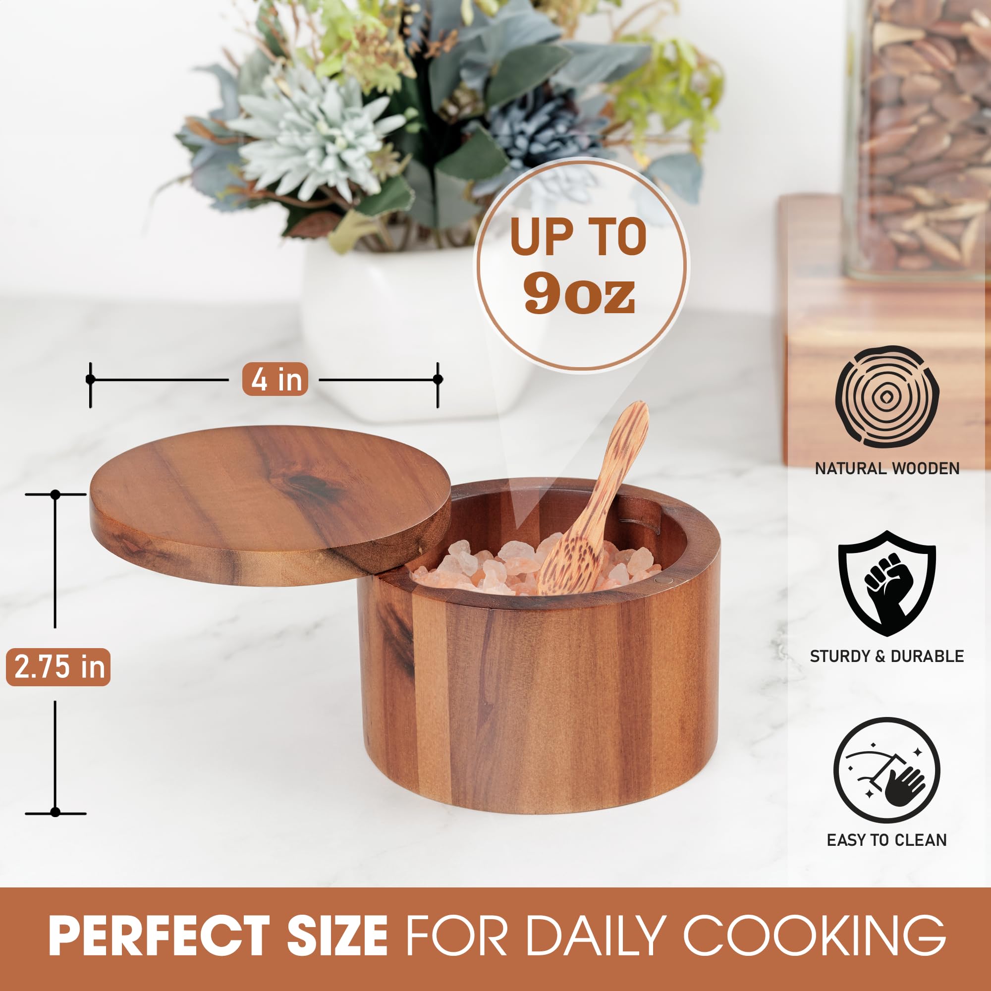 Bodega de sal de 9 onzas con cuchara y tapa giratoria, caja de sal y especias de madera de acacia, tarro de madera para cocina, perfecto para almacenar sal de mesa, sales gourmet, hierbas o tus