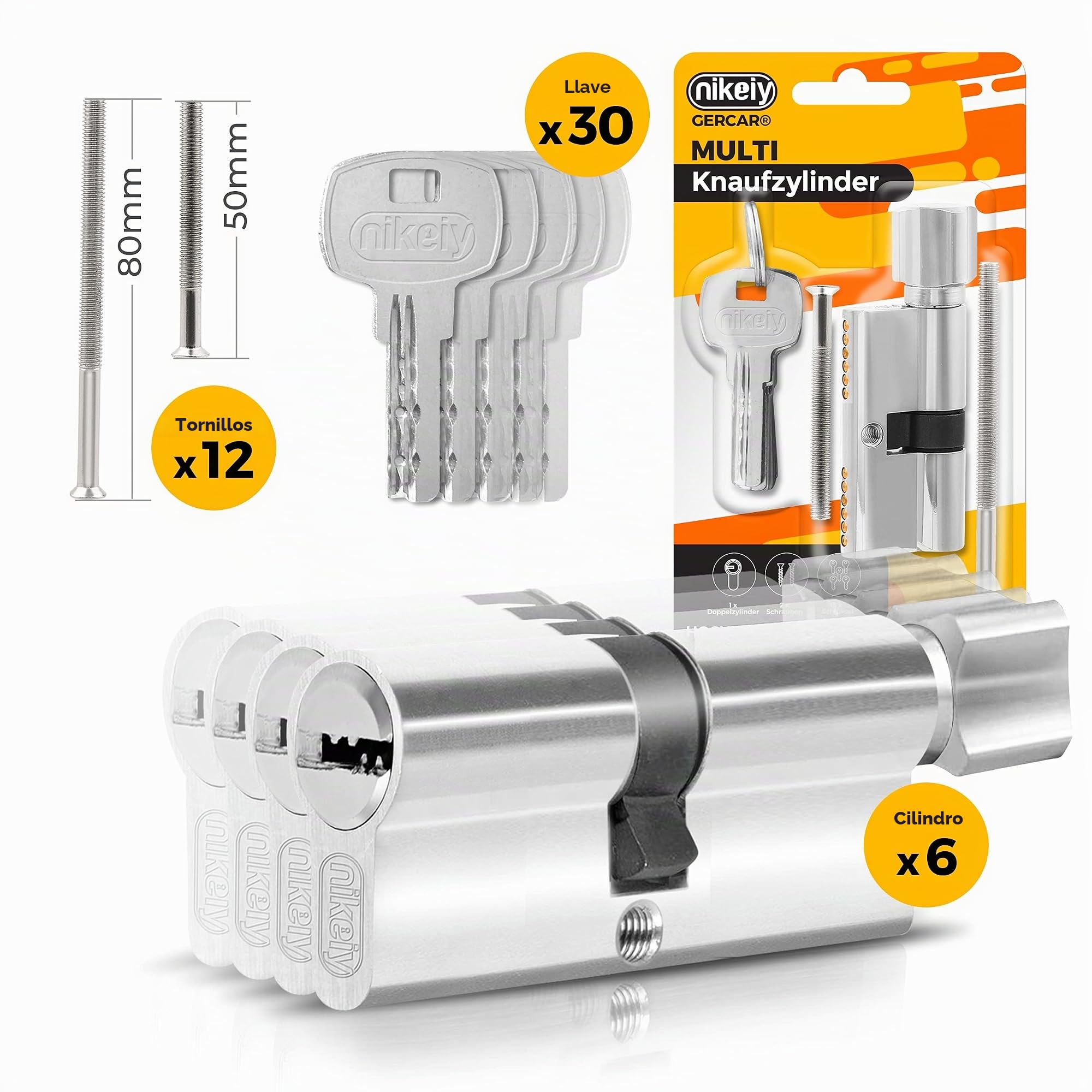 GERCAR 6 cilindros cilíndricos de cierre uniforme 35/35 incl. 30 llaves, cilindro de 70 mm, cerradura de puerta con función de emergencia y peligro, juego de 3 unidades de cierre uniforme – Longitud: