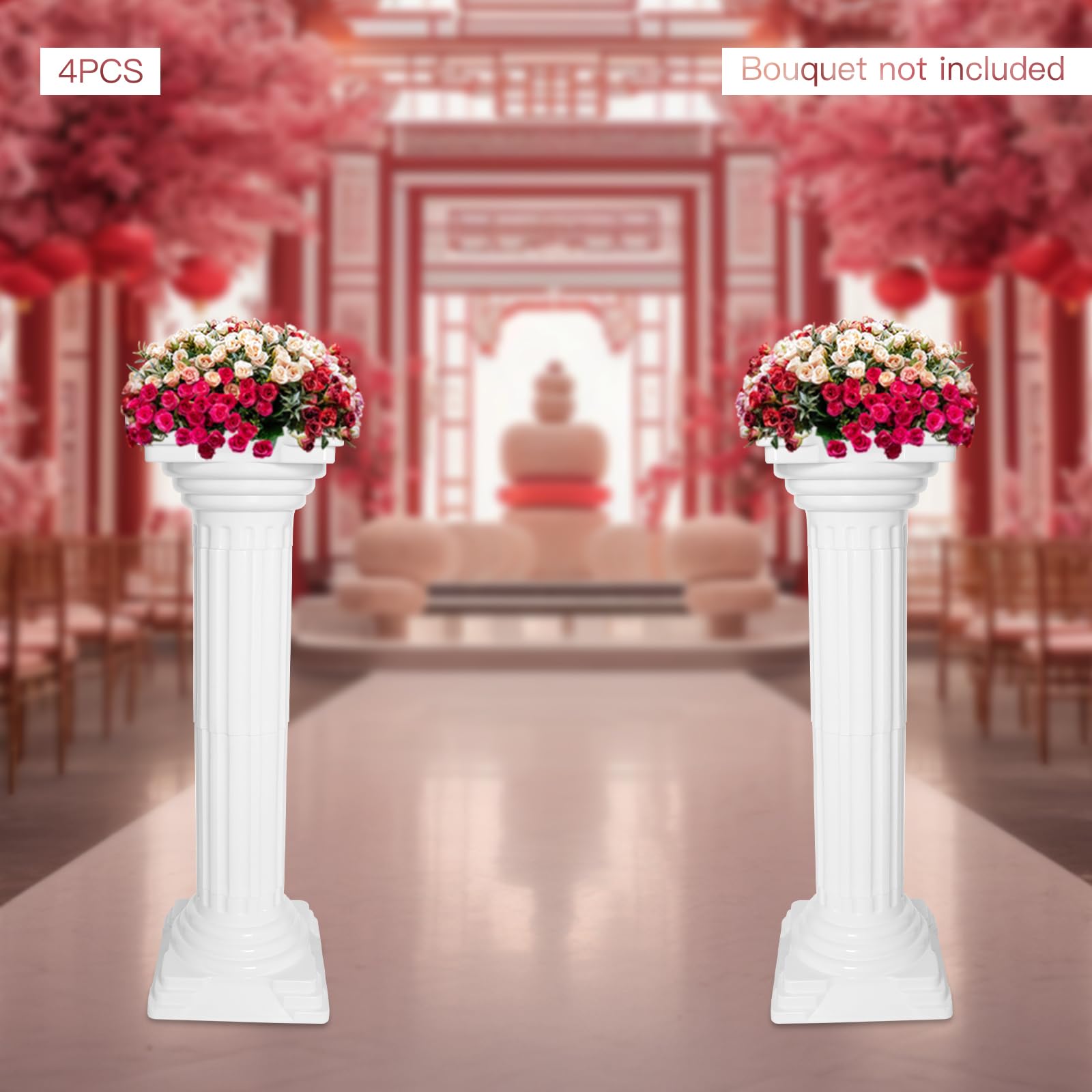 PERFERATE 4Pcs White Roman Columns Set Roman Pillar Statues Classic Greek Columns Candle Holder 10.8×33.9in Plastic Artistic Flower Stand for Wedding Event Party Decor