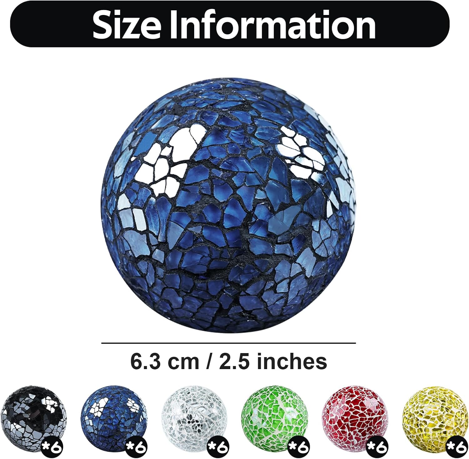 2.5インチ ガラスボール ボウル ブルー 6個 モザイク クラック オーブセット ソリッド ラウンド 球体 花瓶 フィラー コーヒ