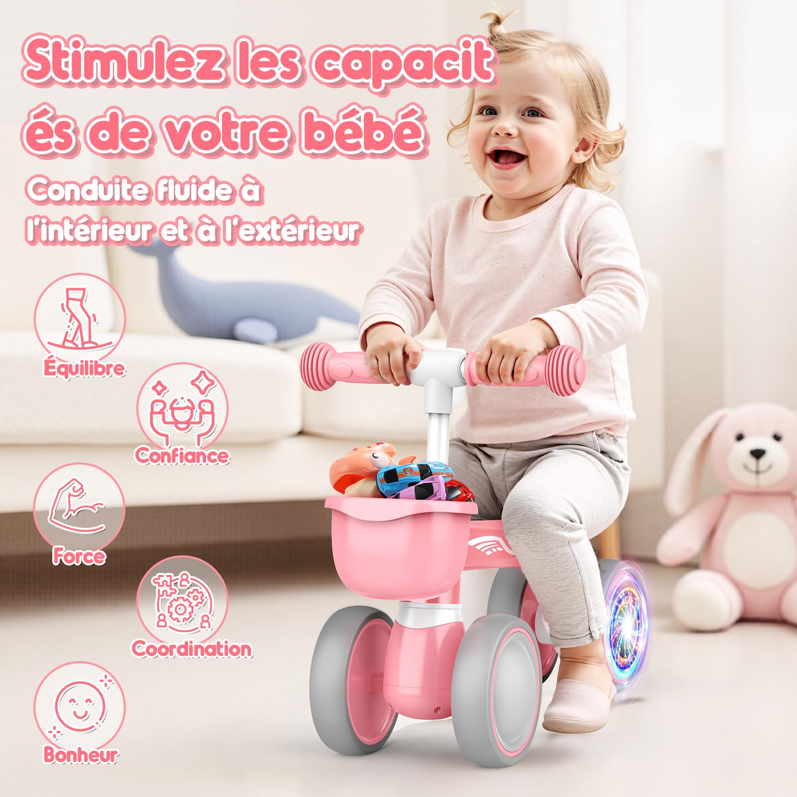 HappyGoLucky Draisienne Bebe 1 2 Ans, Jouet Enfant pour 12-24 Mois, Roues Colorées, Ultra-léger, Vélo avec Panier, Draisienne Jouet Fille 1 2 Ans, Cadeau pour 12-24 Mois, Cadeaux de Noël Enfant