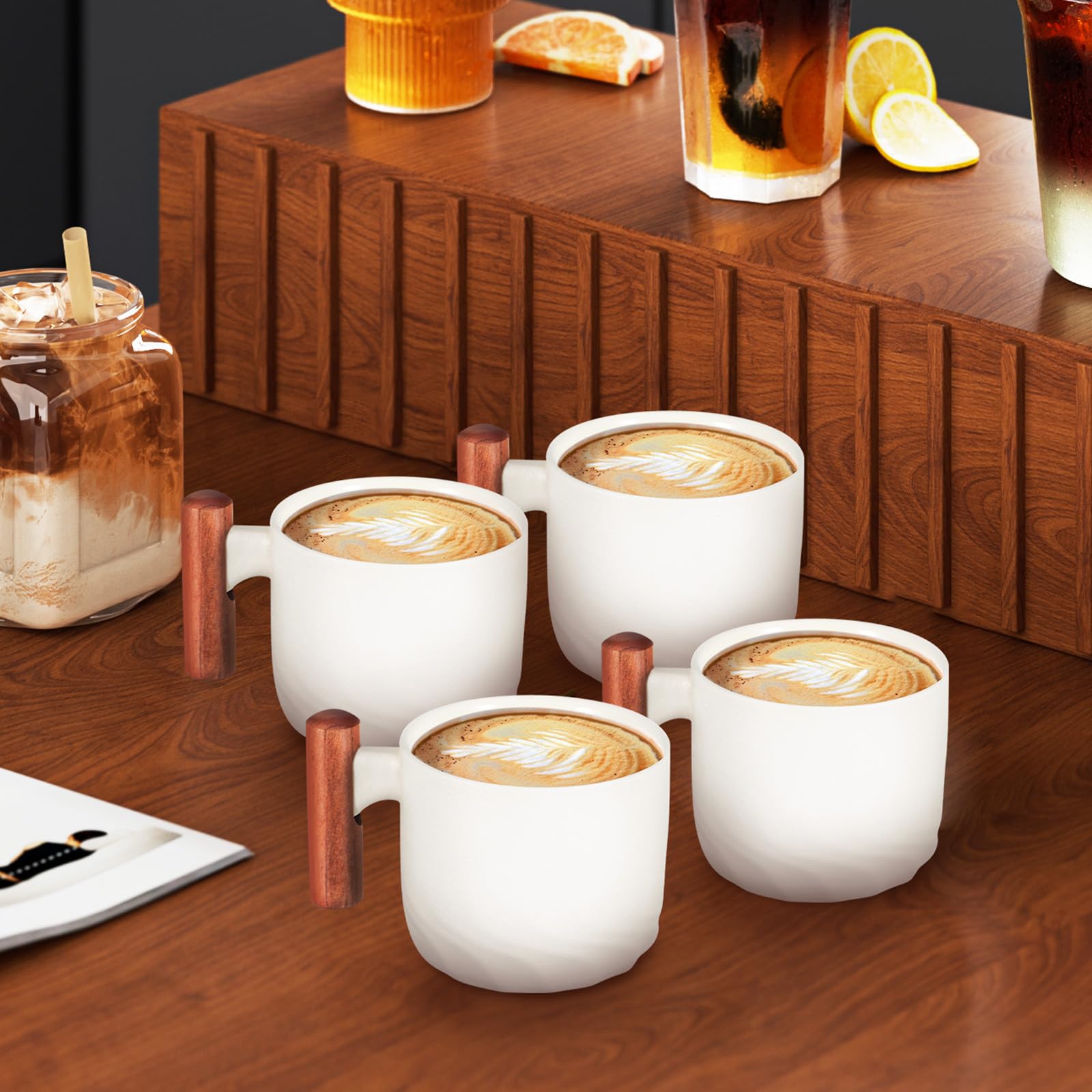4pièces Tasses Café Porcelaine Mini Expresso Céramique avec Poignée Bois pour Boissons Chaudes et Froides Service Élégant pour Dîner et Bureau
