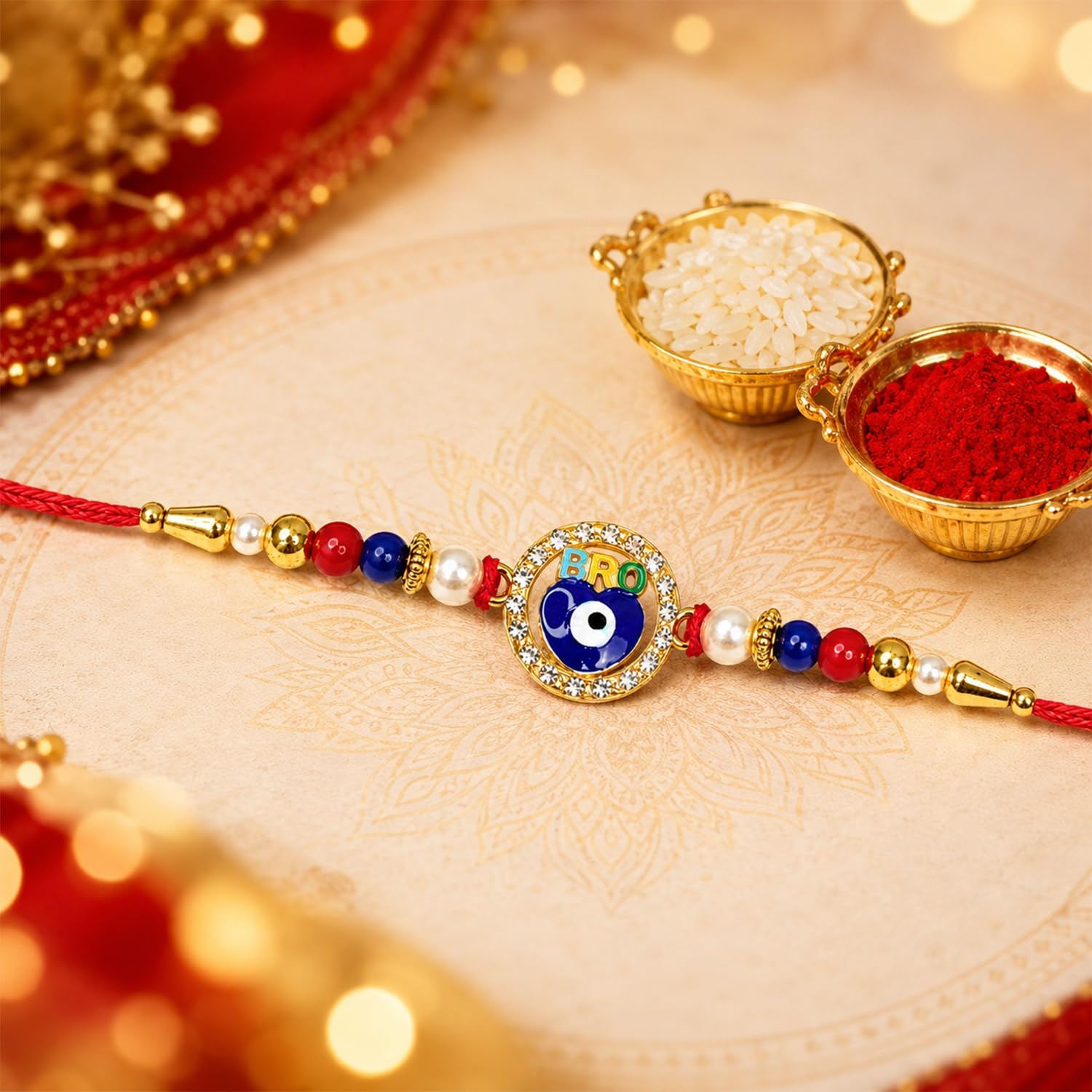 DeoDap Rakhi with Chocolate for Brother – Evil Eye Design Colorful Beads Rakhi with Almond Chocolate 32gms, Silver Color Coin, Greeting Card & Tilak Set – Traditional Raksha Bandhan Pack 1
