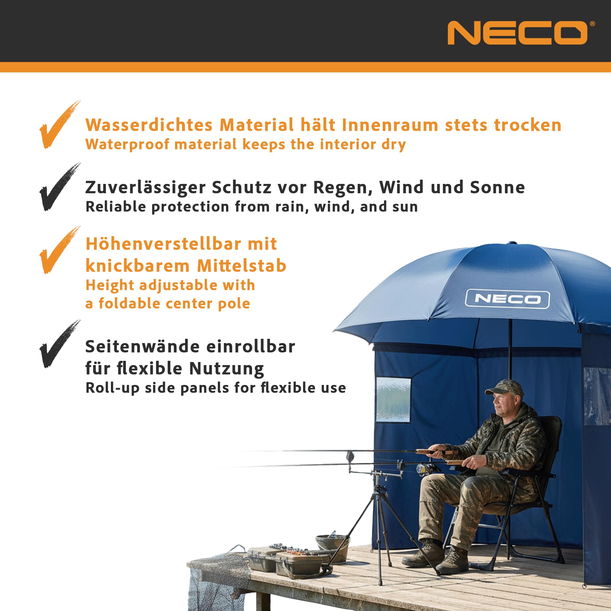 NECO Angelzelt 220 cm – Wasserdicht, mit Seitenwand, Zwei Fenster, Höhenverstellbar, Neigungsverstellbar, mit Heringen und Tragetasche