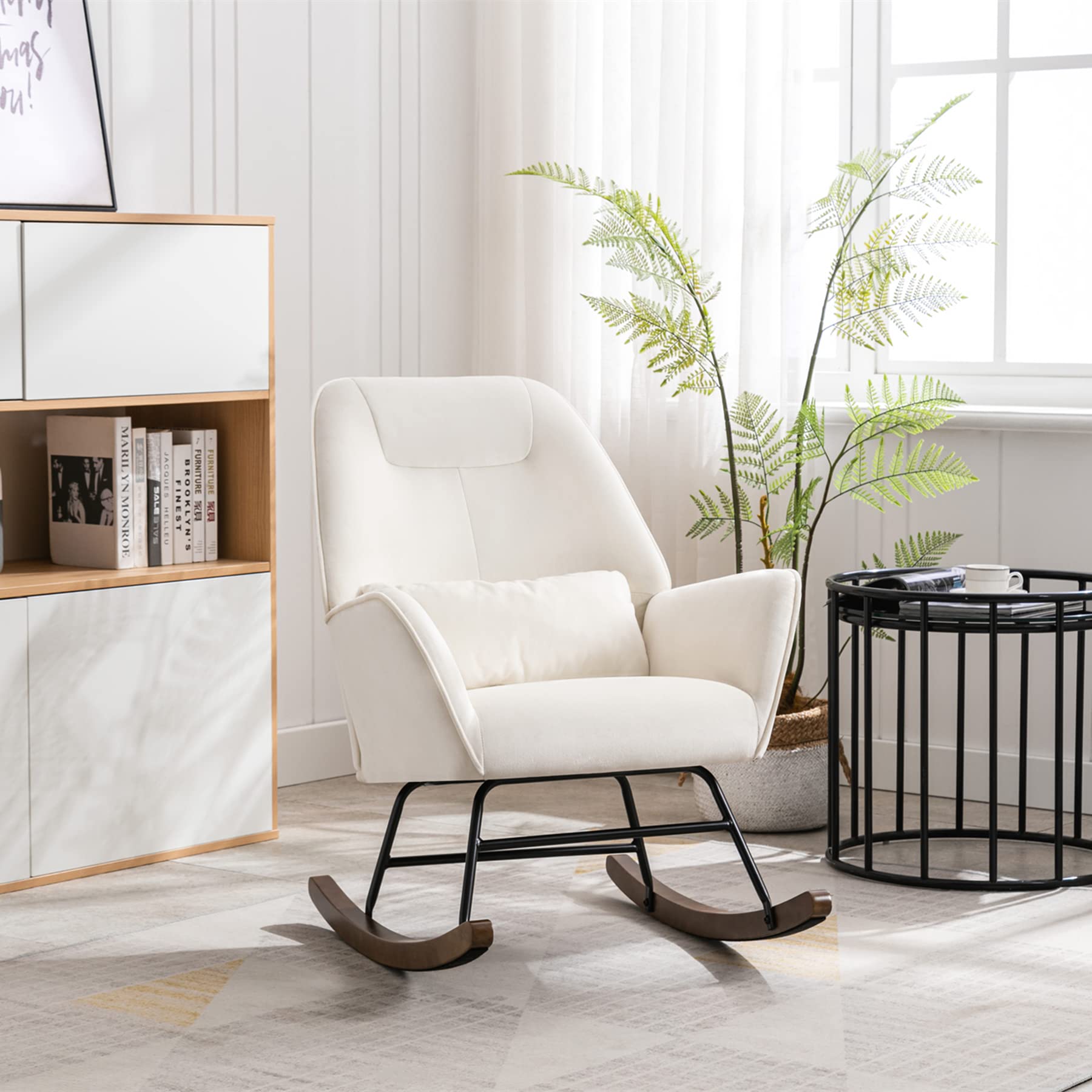 Schaukelstuhl Samt Beige, Relaxsessel mit Massivholzbeinen & Taillenkissen, Still-Schaukelstuhl für Kinderzimmer Wohnzimmer Balkon, Frühjahrsangebot Frühjahrsdekoration Gemütliche Ecke
