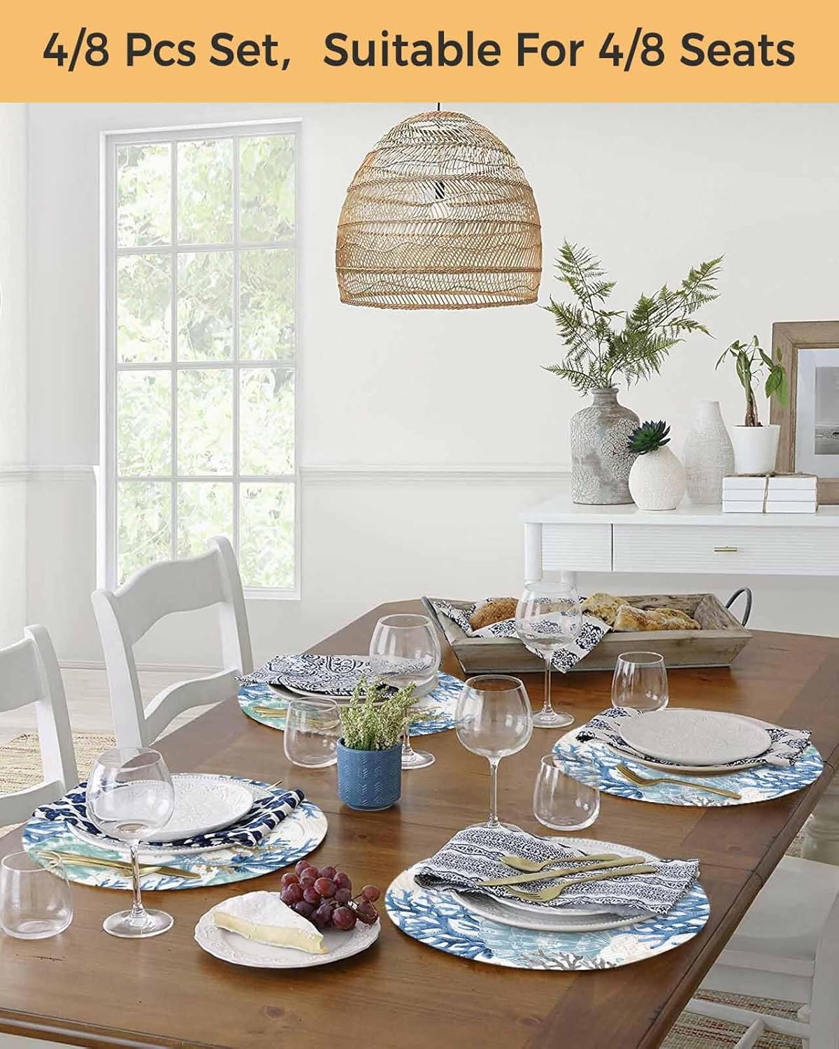 Round Placemats Coastal Blue Teal Coral Shell 15 inch Placemats for Dining Tables Ocean Marine Round Table Mats for Kitchen Decoration Set of 6