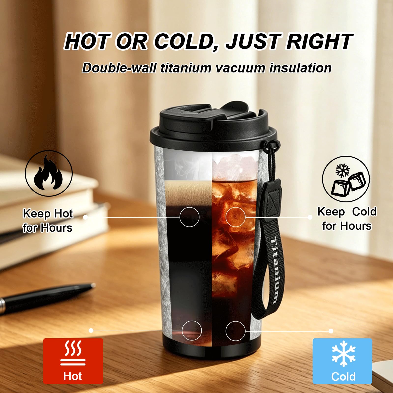 Taza Térmica de Titanio con Pajita, 500ml, Taza de Café para Llevar con Tapa, Hermética al Vacío a Prueba de Fugas, Doble Pared Aislada, Taza de Viaje para Bebidas Calientes y Frías, Rojo