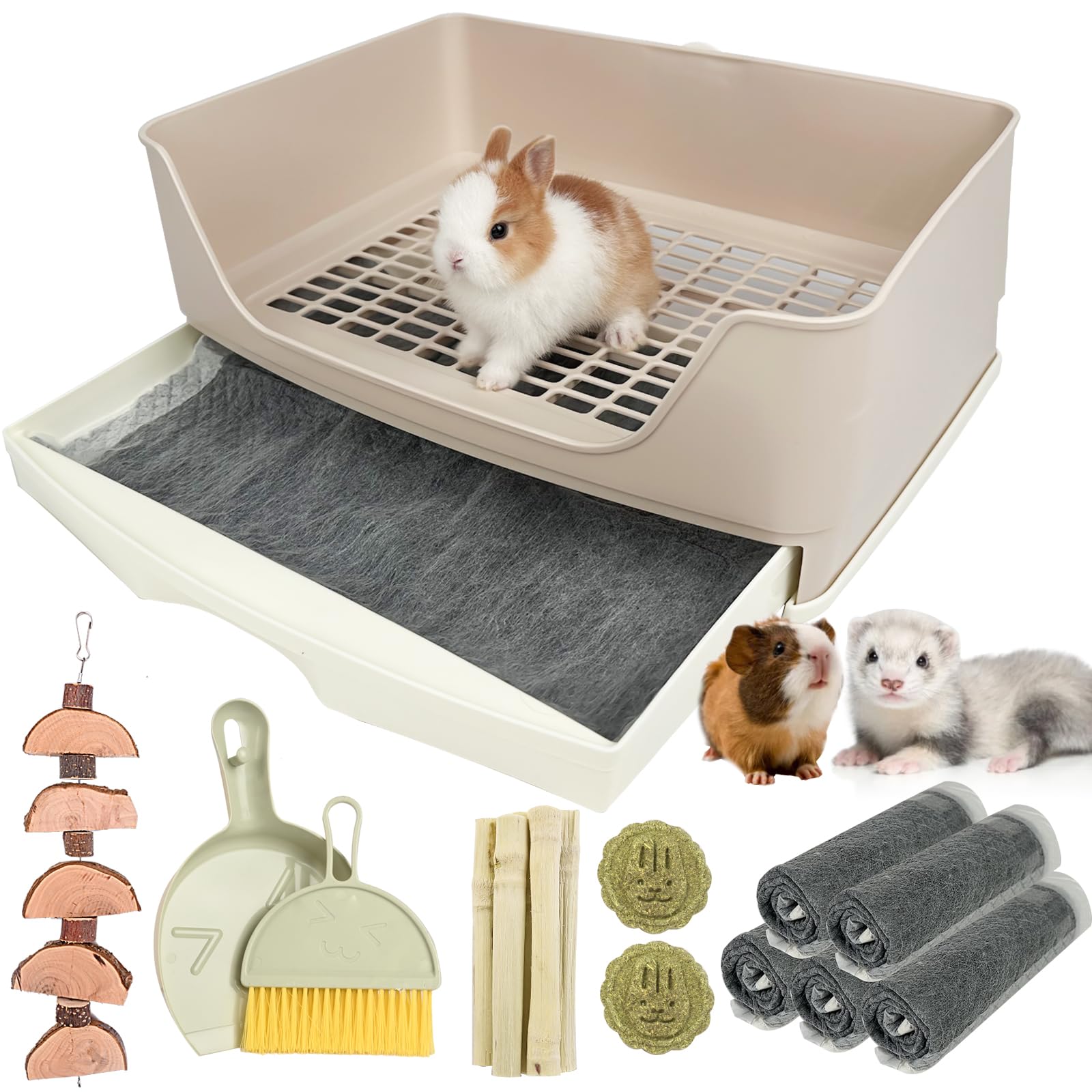 RUBYHOME Oversize Rabbit Litter Box with Drawer, Corner Toilet Box with Grate Potty Trainer, Bigger Pet Pan for Adult Guinea Pigs, Chinchilla, Ferret, Galesaur, Small Animals, 16.9 inch Long (White)