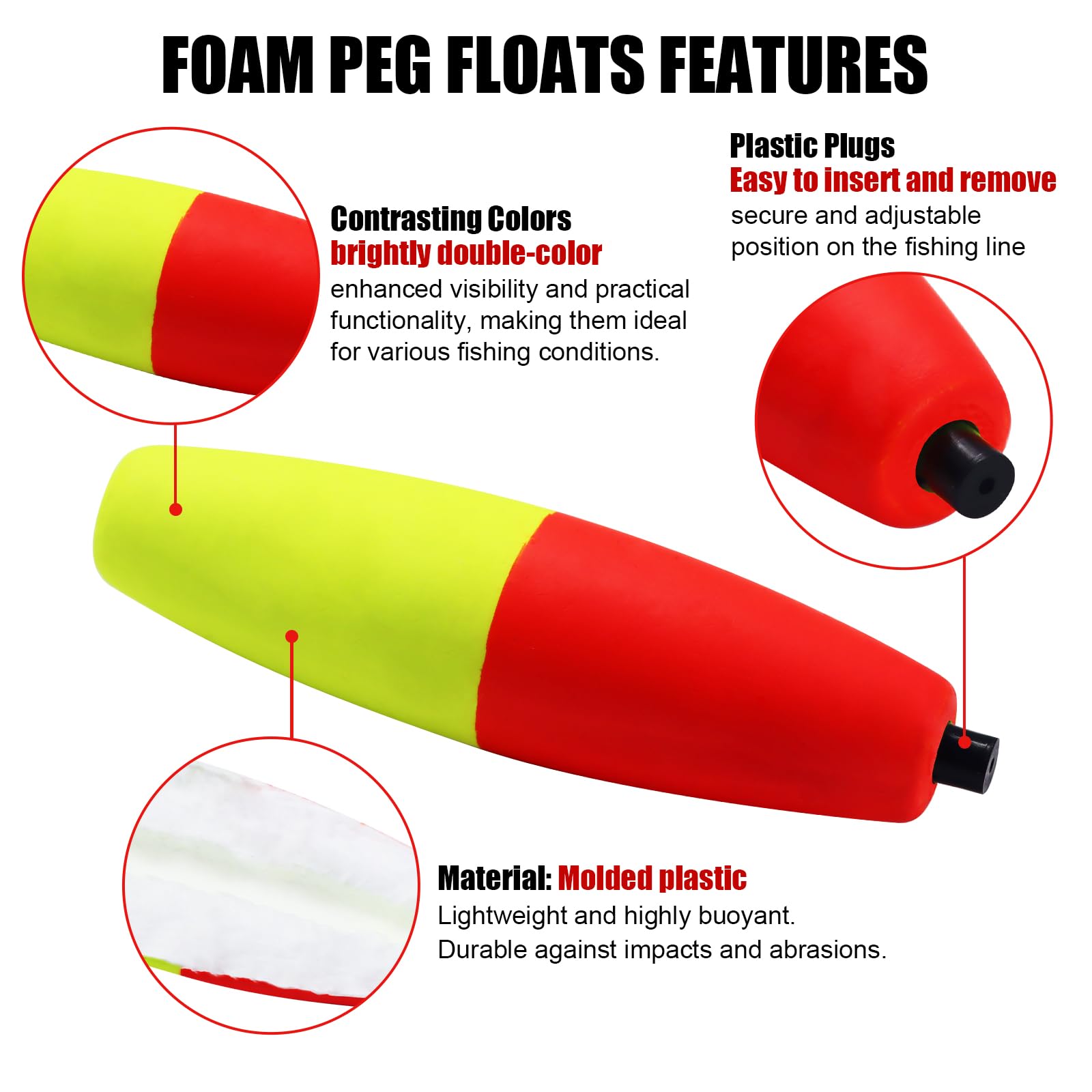 CWSDXM Bicolor Peg Floats, 1.5'' 2'' 2.5'' 3'' Cigar Fishing Cork Bobber Foam Floats with Pipe Plug for Catfish Santee Rigs 35 Pack (1.5'')