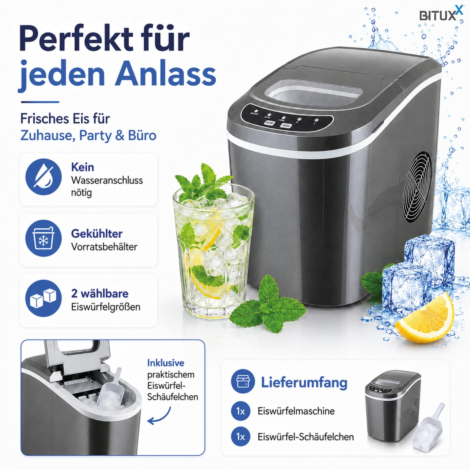 Eiswürfelmaschine Eiswürfelbereiter Eiswürfel Ice Maker EIS Maschine Icemaker (Dunkelgrau)