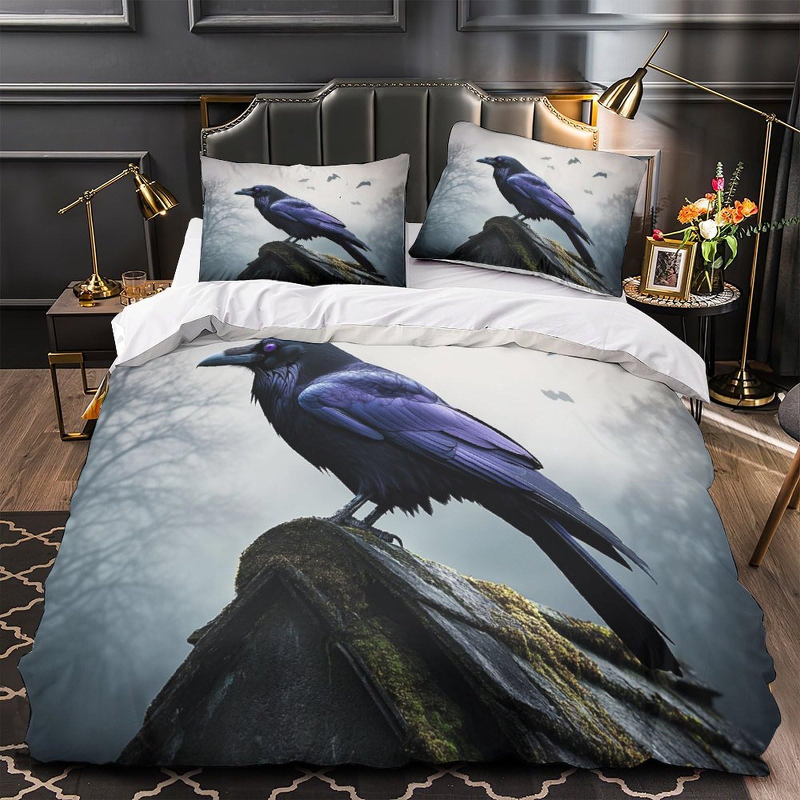 Parure housse de couette dark fantasy corbeau 3D microfibre King