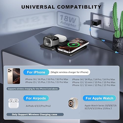 Miniatura 4 de Cargador inalámbrico para iPhone - Estación de carga 3 en 1 para dispositivos Apple, almohadilla de carga magnética de viaje para iPhone 15, 14, 13,