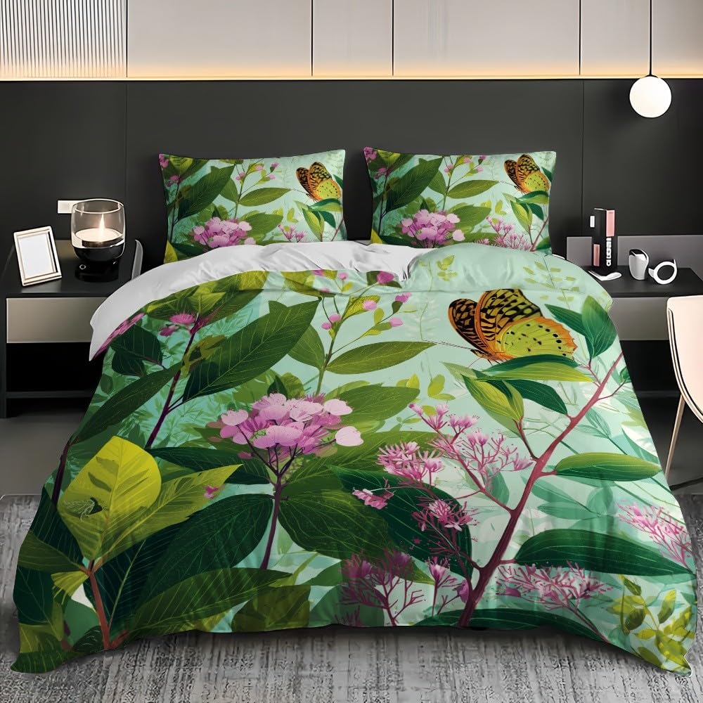 3-częściowy komplet pościeli 200 x 200 cm, z mikrofibry, rośliny, motyle, poszewka na poduszkę z zamkiem błyskawicznym, 80 x 80 cm, zielona, oddychająca, nie wymaga prasowania i miękka poszwa na