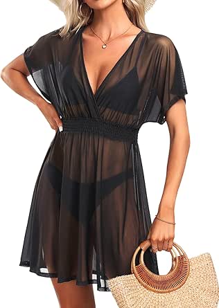 Pinup Fashion Swimsuit Coverup Women Sheer Smocked Wasit Mesh Beach