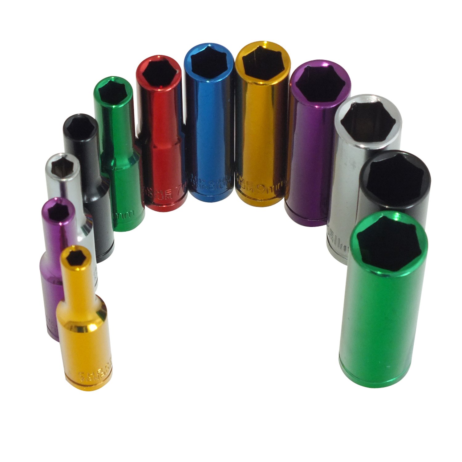 Voche Voche® 12 Piece 1/4" Deep Coloured Colour Chrome Vanadium Sockets On Storage Rail