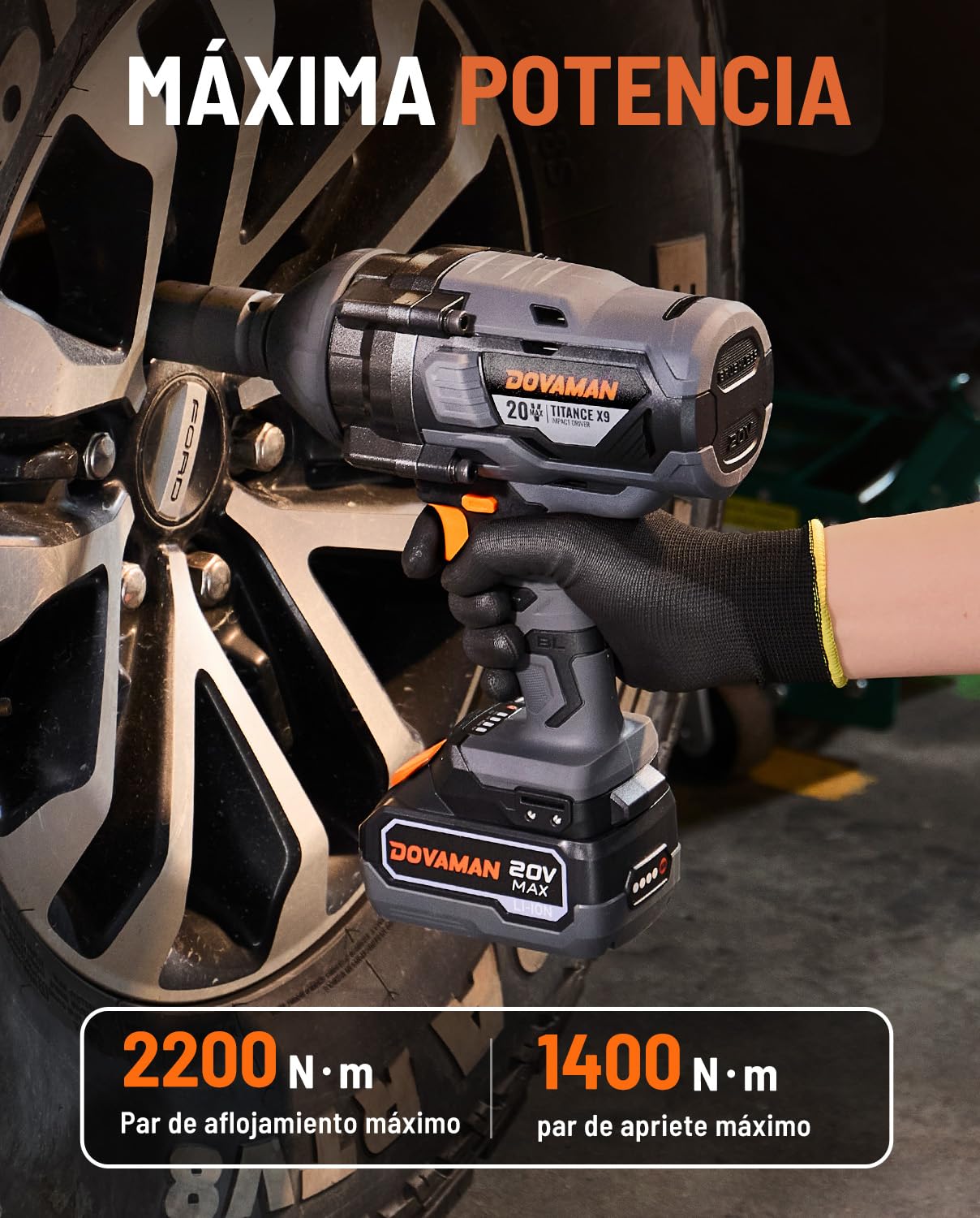DOVAMAN TITANCE X9 Llave de Impacto Inalámbrica, 2200Nm Alto Par 3/4'' Llave de Impacto, 20V Sin Escobillas, 5 Velocidades, Batería 4.0Ah, Cargador, Destornillador Eléctrico para Trabajos Pesados