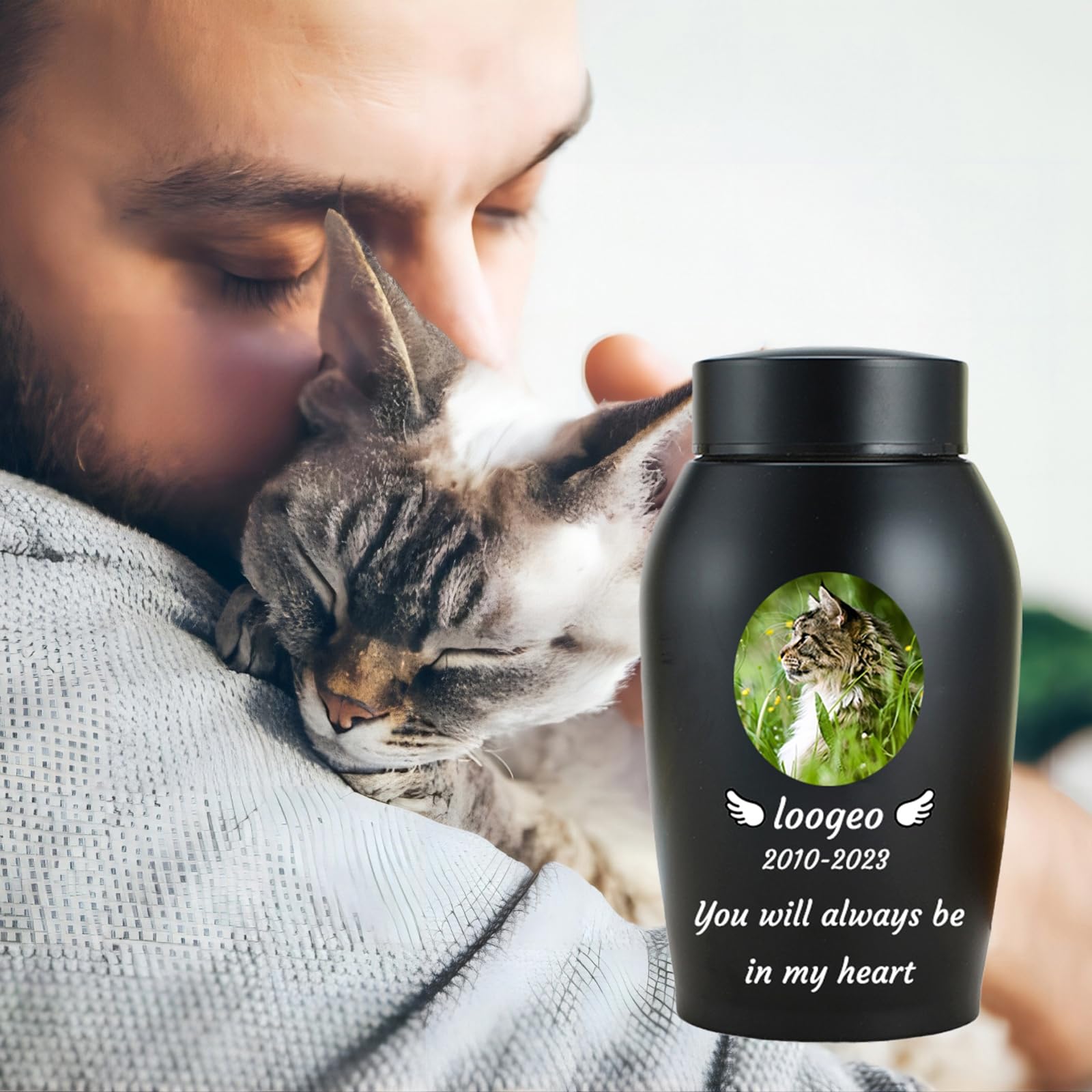 Haustier Urnen für Katzen Asche personalisiert, Katze Urnen für Asche anpassbar, Edelstahl Katze Einäscherung Urnen Katze Memorial Keepsake Urnen,Schwarz