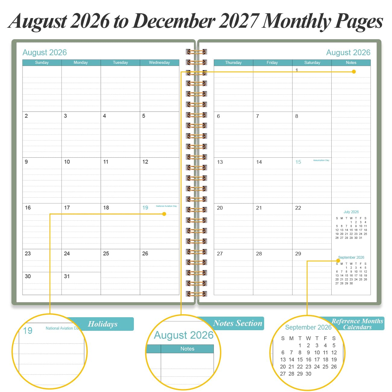 Agenda 2025-2026, 18 mesi, settimanale e mensile da gennaio 2025 a giugno 2026, agenda a spirale 2025 con chiusura elastica, tasca interna, 21,6 x 27,9 cm, verde acqua