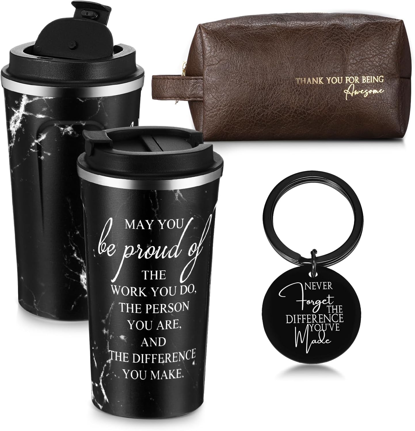 Roshtia Thank You Gift for Men 17 oz Stainless Steel Tumbler with Lid Leather Toiletry Bag Inspirational Keychain Team Gift for Male Employee Teacher Birthday(Obsidian Style)