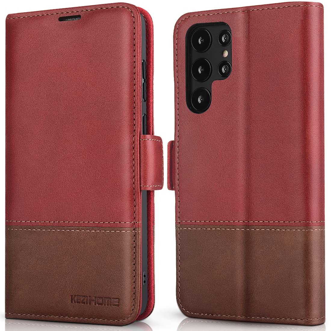 KEZiHOME for Samsung S22 Ultra Case, Genuine Leather [RFID Blocking] Galaxy S22 Ultra Wallet Case Card Slot Flip Magnetic Stand Phone Cover Compatible