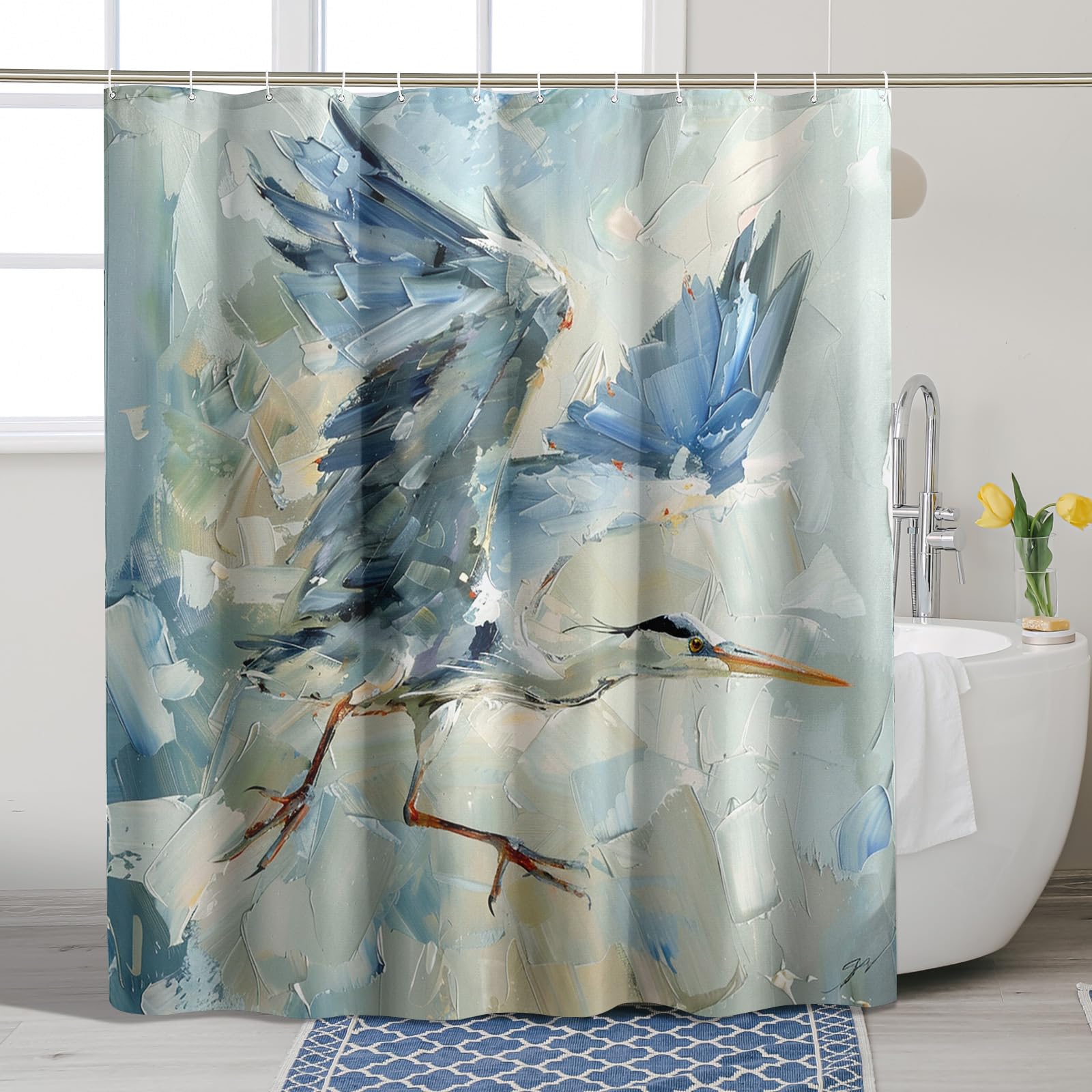 Bird Shower Curtain, Watercolor Abstract Blue Beige Heron Shower Curtain for Bathroom Decor, Spring Modern Minimalistic White Waterproof Fabric Shower