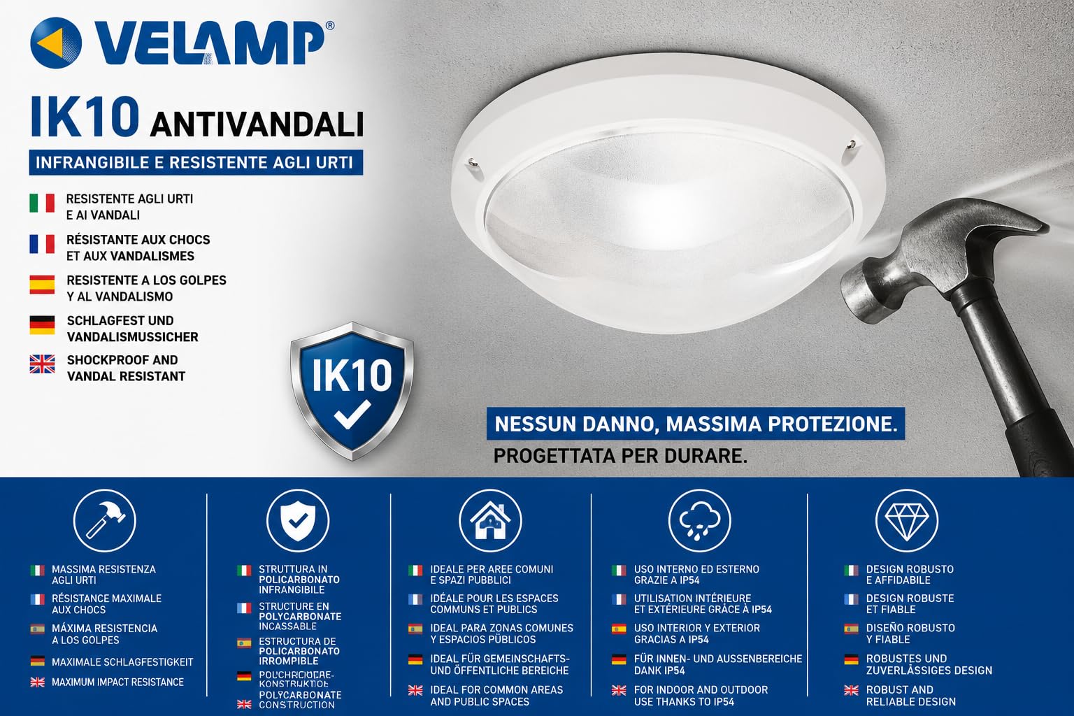Velamp PTLEDIK-E27 Applique a Parete/plafoniera Tonda 27cm. in PC infrangibile IK10. Attacco E27, Compatibile LED, Max 60W. IP54: installabile all'Interno o all'Esterno. 60 W, Grigio