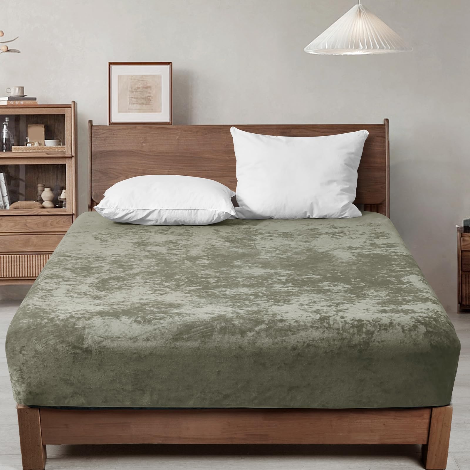 phf truly velvet fitted sheet only twin size, luxury super soft cozy fuzzy flannel bottom sheet, deep pocket up to 16", suitable for fall winter spring, no pillowcases, smokey olive