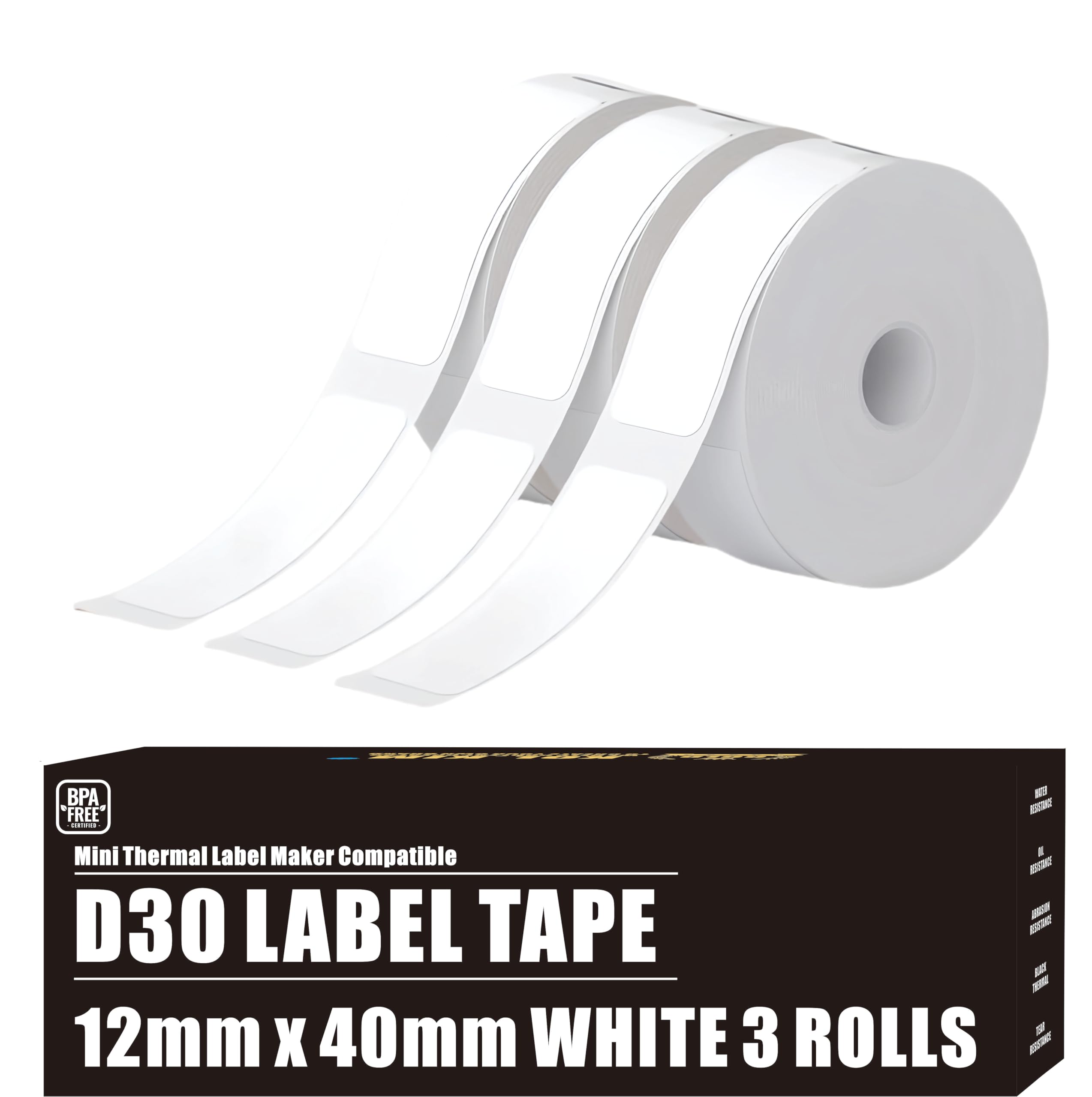 D30 Label Tape 12x40mm (0.47"x1.57") Thermal Label Refill, Waterproof Removable No Residue White Labels for Phomemo Print Master D30 D35 Q30 Smart