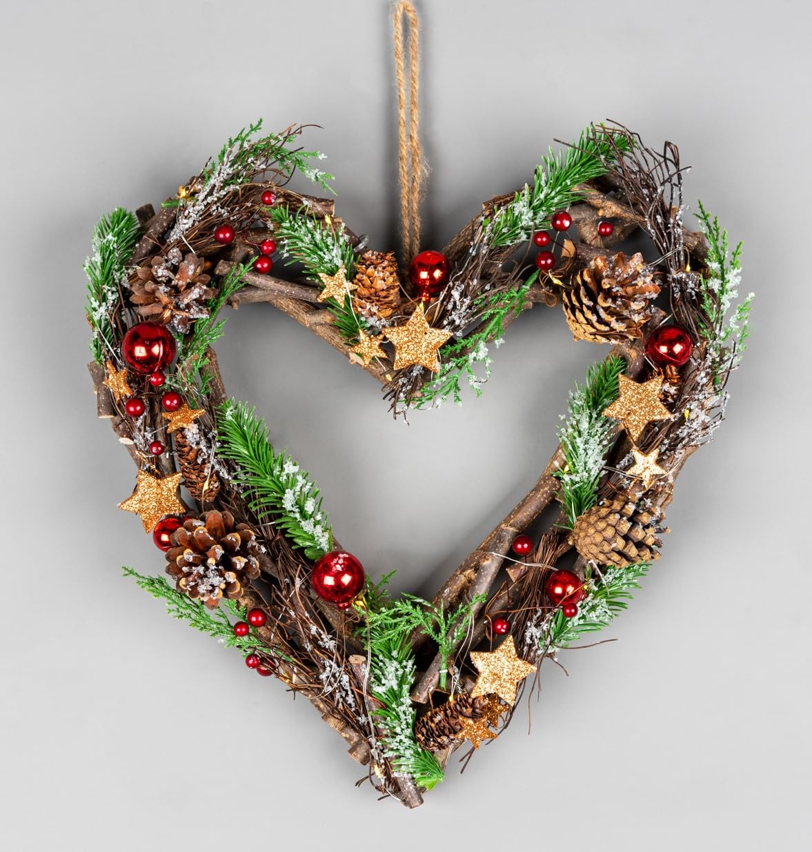 35cm Prelit Heart Wreath Battery Operated - Wooden Twigs Base Decorated with Red Baubles,Berries,Stars,Foliage,Pine Cones, Micro Rice LED Lights - Christmas Home Hanging Decoration