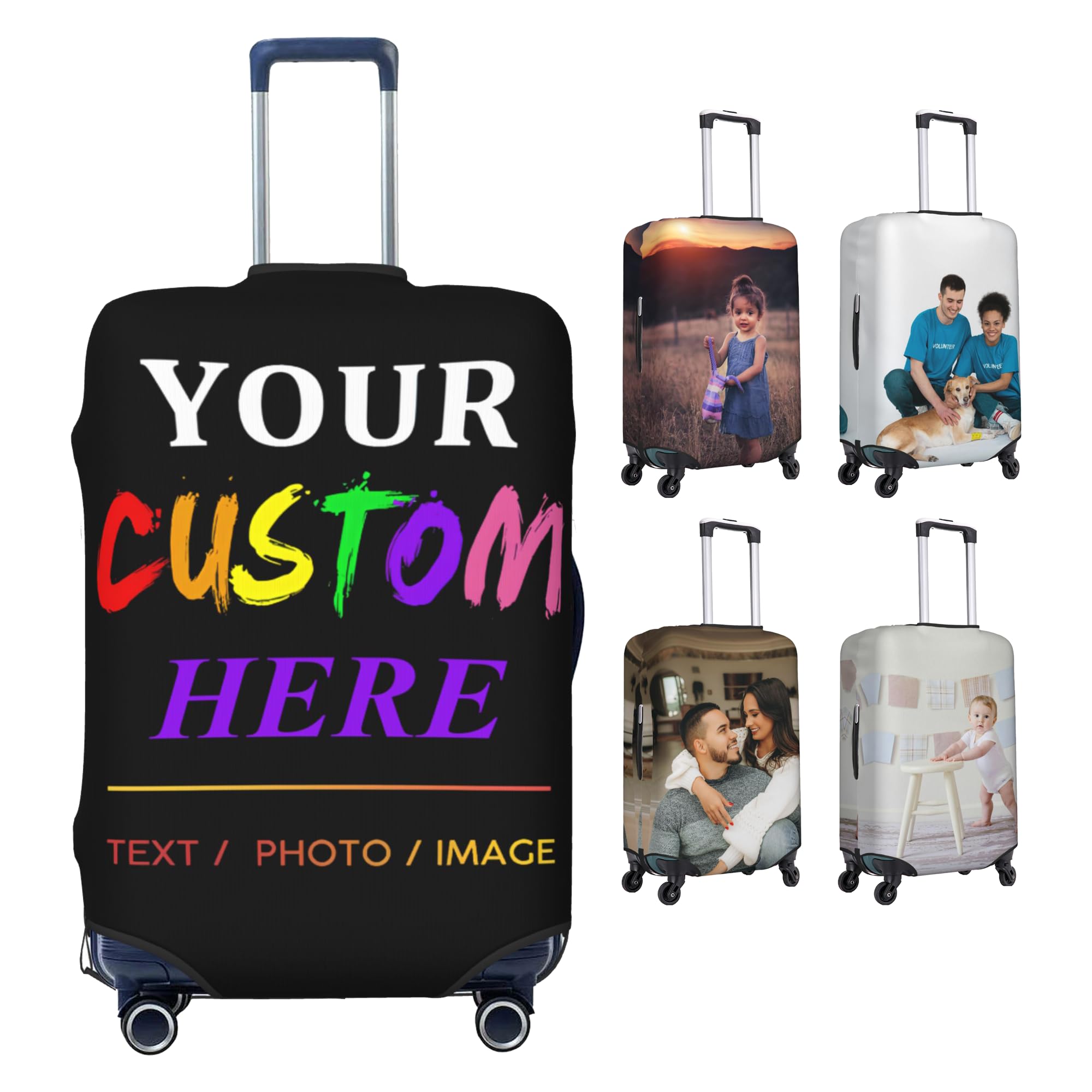 Housse de Valise Personnalisée avec Texte Photo, Personnalisez Votre Image/Nom/Logo Bagages Accessoires de Voyage Double Face Design Différent Protecteur de Valise de Voyage Elastique Lavable Couvre