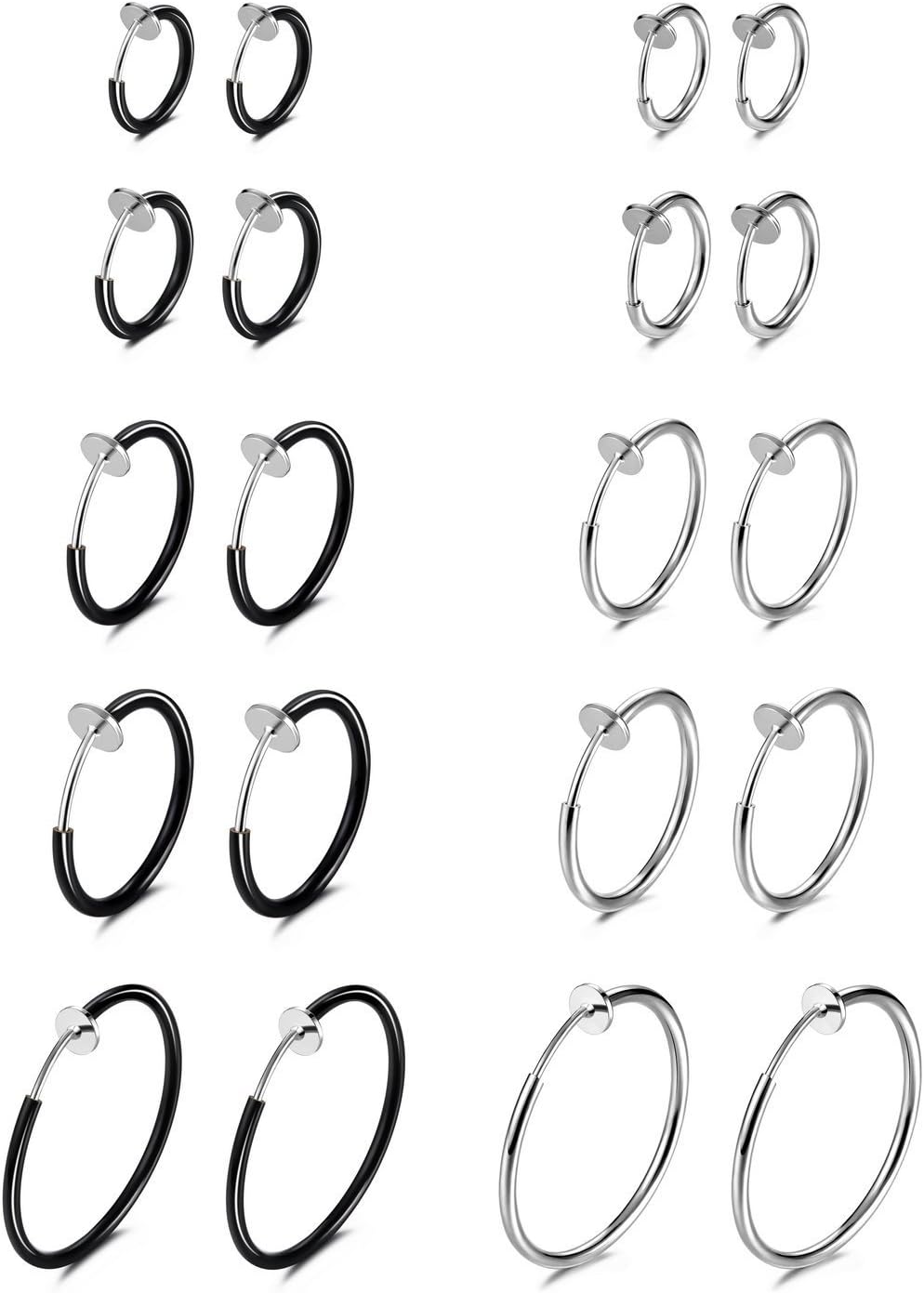 Fake Nose Ring Clip On Hoop Earrings For Women Faux Lip Septum Ring Spring Endless Hoop Earrings Non Piercing Lobes Men (10 Pairs,13mm-25mm,Black,Silver,Gold,Rose Gold)