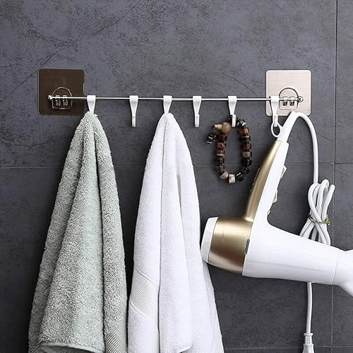 Miniatura 4 de Estante organizador de pared de acero inoxidable con 9 ganchos autoadhesivos, colgador de cocina y baño sin taladrar