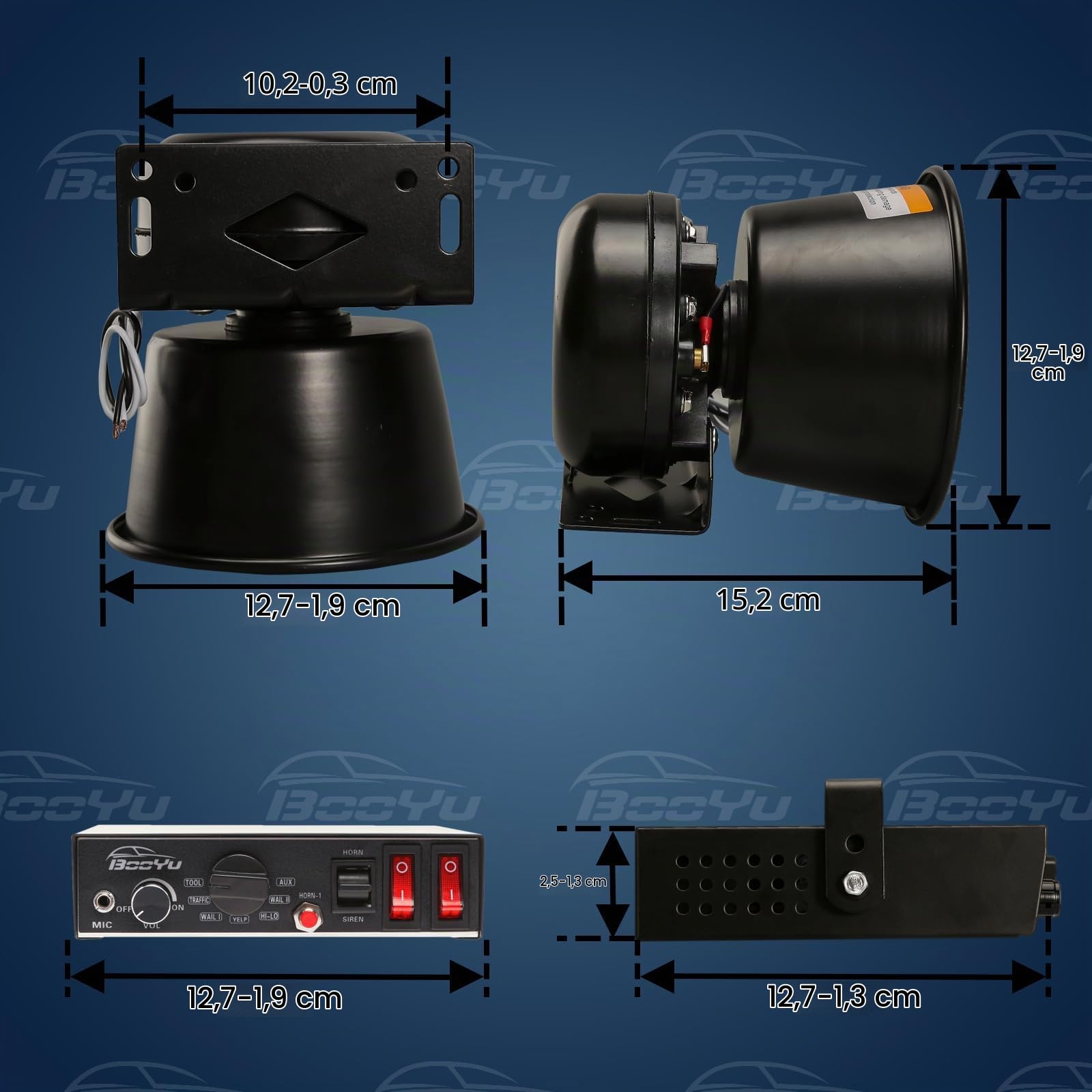 Sirène de police d'urgence 9 tons 12 V 200 W [haut-parleur rectangulaire] [microphone à main] [mains libres] [125–135 dB] [2 interrupteurs 10 A] pour pompiers, ambulances, camions, SUV, VTT, UTV
