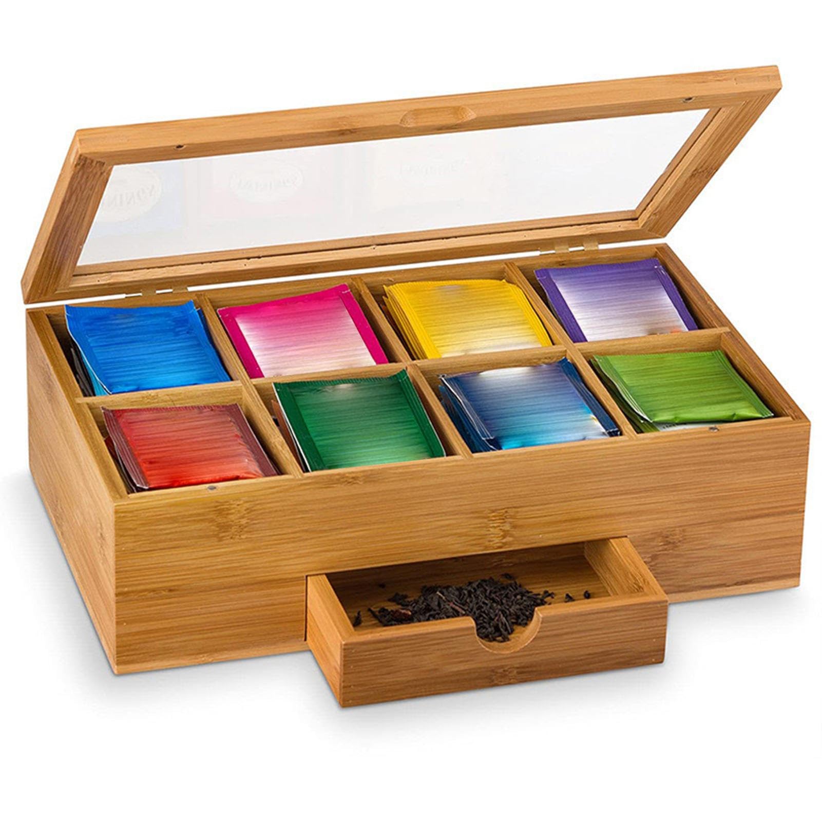 Natürliche Teebeutel-Aufbewahrungsbox | Tee-Organizer aus mit | transparenter Acrylplatte und separaten Fächern zur Aufbewahrung von Teebeuteln, Kräutern, Snacks und Medikamenten in Küchen