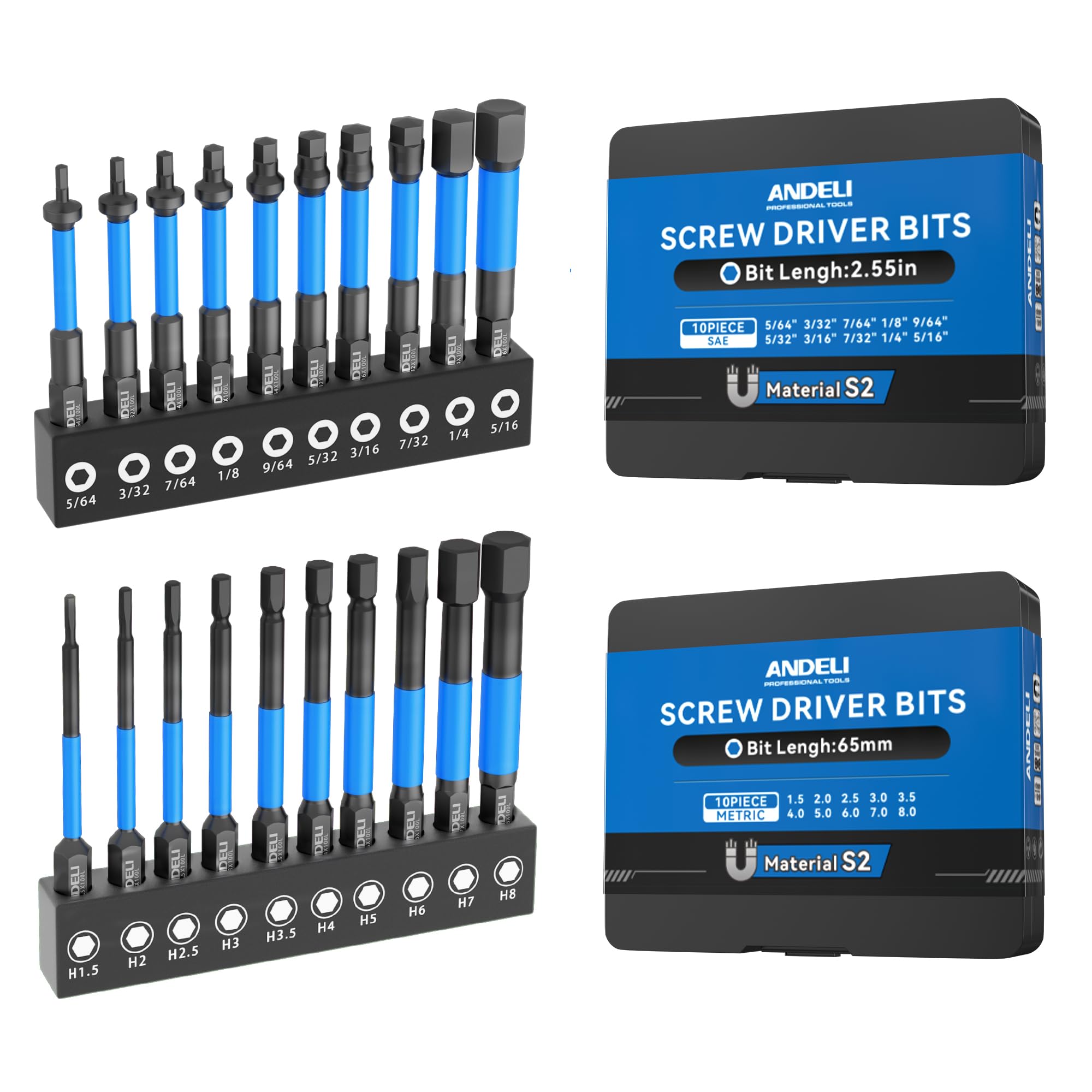 ANDELI Magnetic Hex Screwdriver Bit Set, 1/4” Hex-Shank，2.55" Long 20pcs (Metric & Piec) Impact Allen Wrench Drill，with Storage Box, S2 Material,