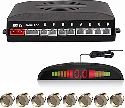 EKYLIN Sistema de radar de estacionamento reverso com 8 sensores de estacionamento, detecção de distância + monitor de distância de LED + aviso de som (cor dourada champanhe)