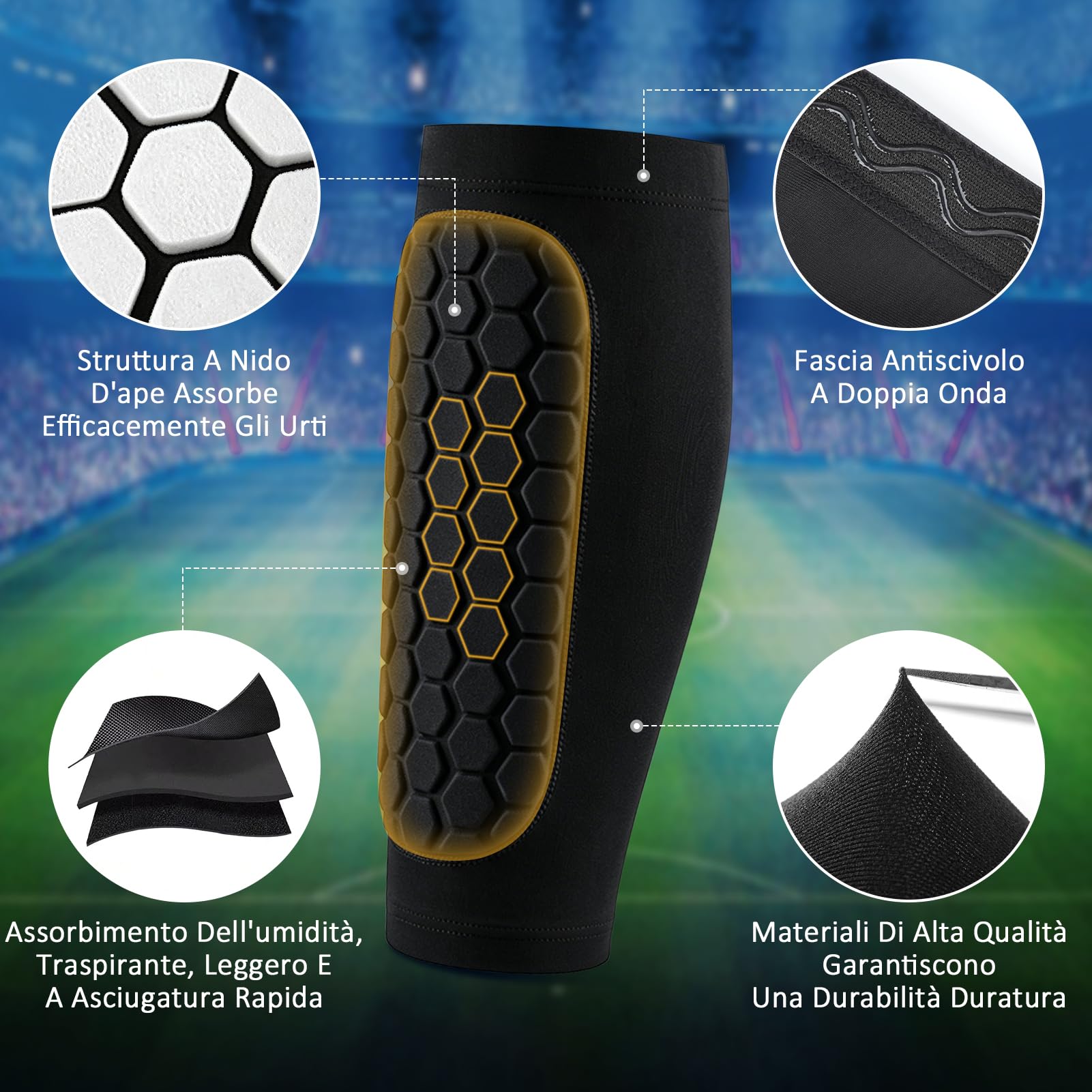 Kiiwah Parastinchi da Calcio 1 Paio Nero con Cuscinetti a Nido d'Ape e Imbottitura EVA – Traspiranti, Antiscivolo, Antishock Manica Protettiva per Polpacci adatti per Bambini, Gioventù e Adulti