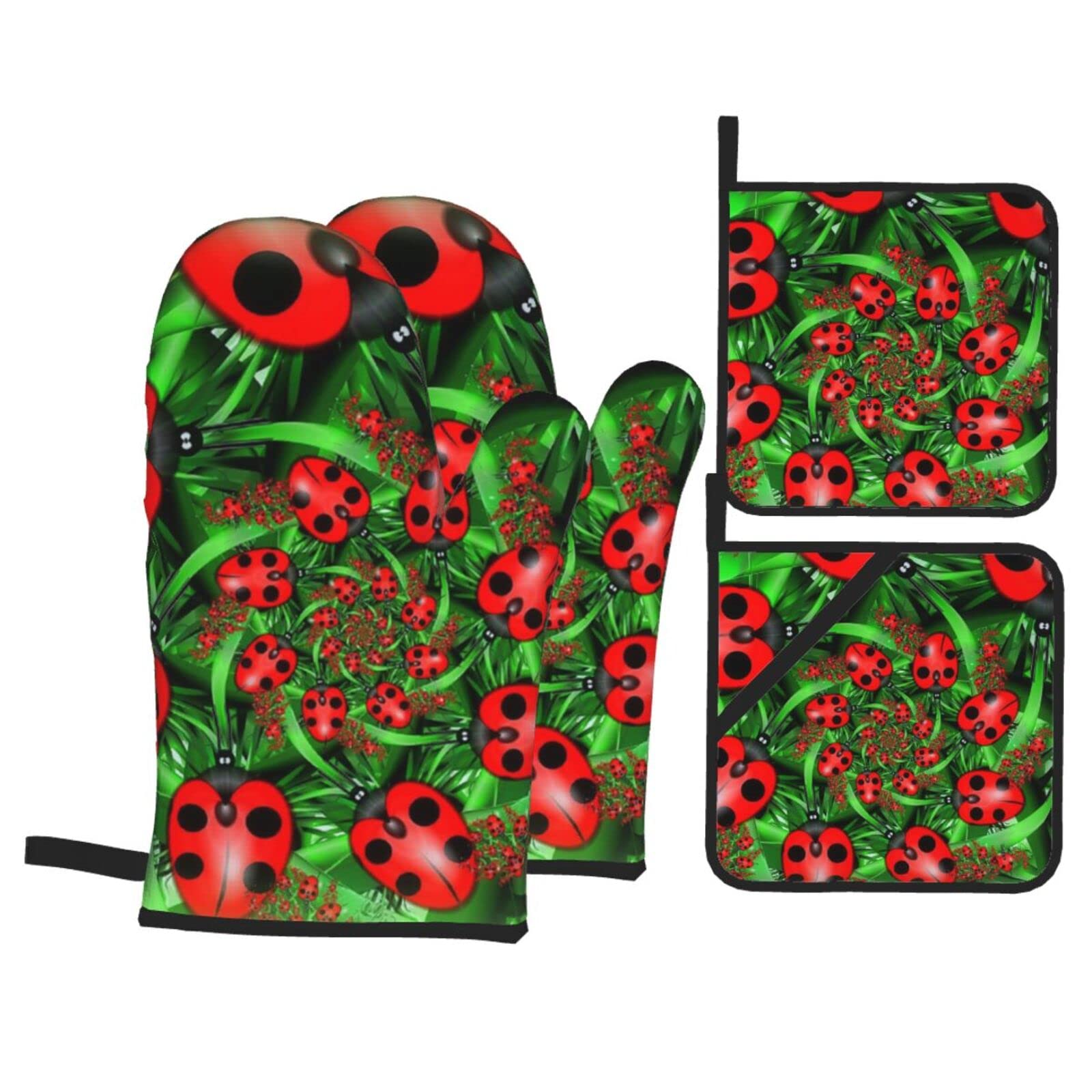 Red Ladybug Print Kitchen Baking Four Piece Set of Heat Resistant Thick Cotton Oven Mitts for Cooking, Baking and Grilling